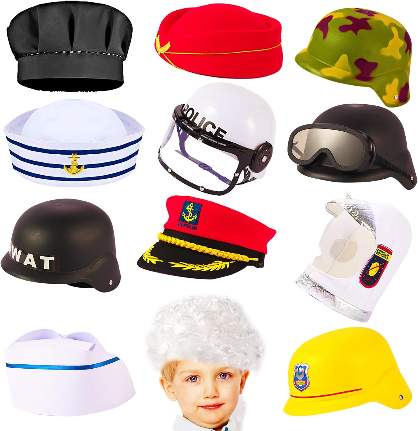 12PCS Pretend Career Hats, Dress Up Role Play Hats, Wigs, Helmets, Halloween Costume Role Play Dressup Set Police, Builder, SWAT, Army, Soldier, Lawyer, Astronaut, Captain, Chef, Nurse etc.