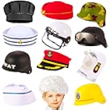 NICOWARM 12PCS Pretend Career Hats, Dress Up Role Play Hats, Wigs, Helmets, Halloween Costume Role Play Dressup Set Police, Builder, SWAT, Army, Soldier, Lawyer, Astronaut, Captain, Chef, Nurse etc.