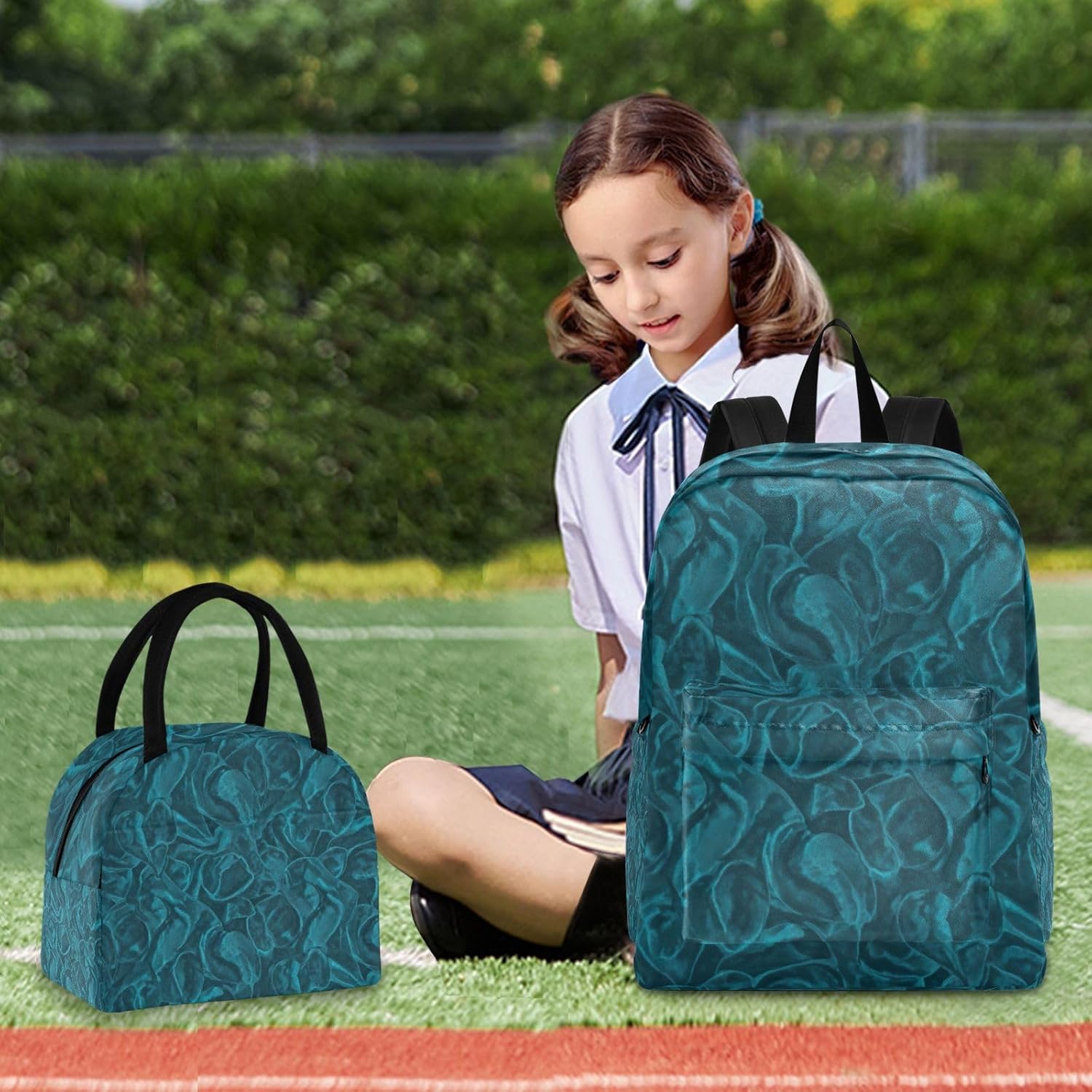 Bookbags Waterproof Picnic Cooler, Book Bags with Lunch Box, Solid Teal Blue Texture