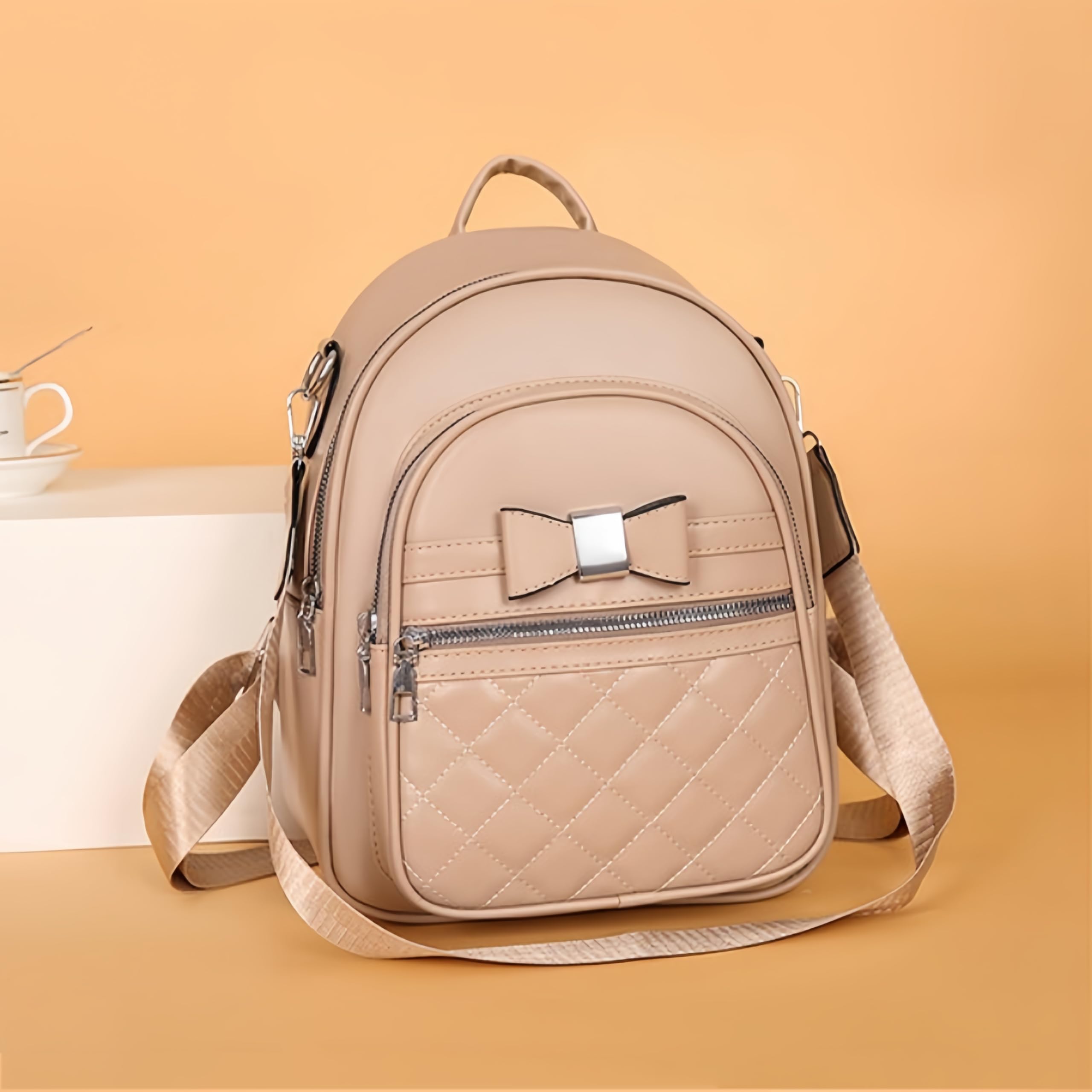 Mini mochila con lazo para mujer, de piel sintética, bonita mochila casual, Caqui, S, Bonita
