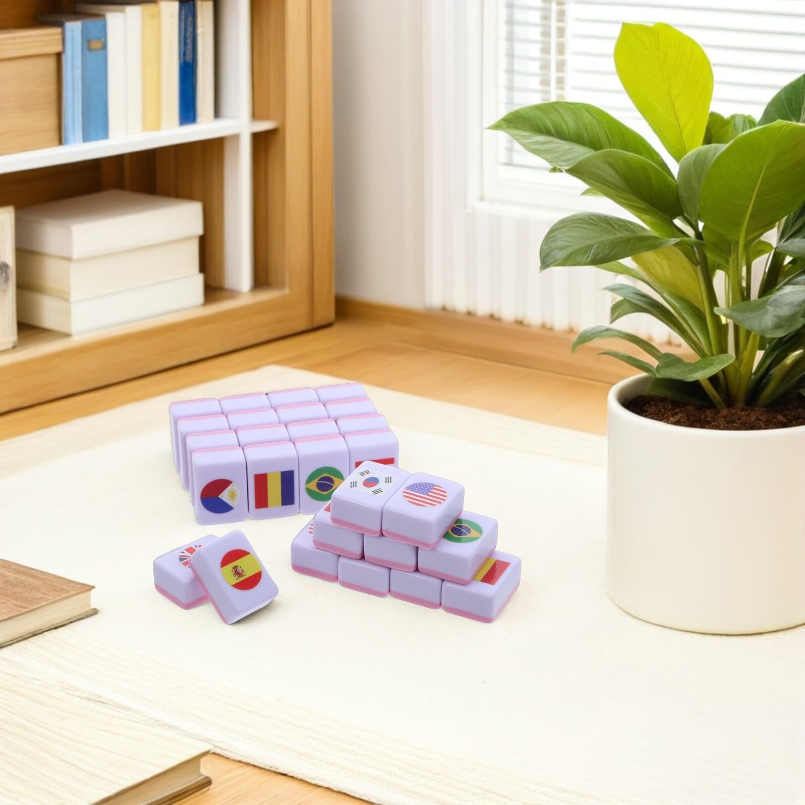 Gioco Mahjong Bandiera Nazionale 64 Pezzi in Melamina Educativo di Memoria per Tutte le Età, Tavolo da Caffè e Viaggio, Divertimento per Coppie e Famiglie