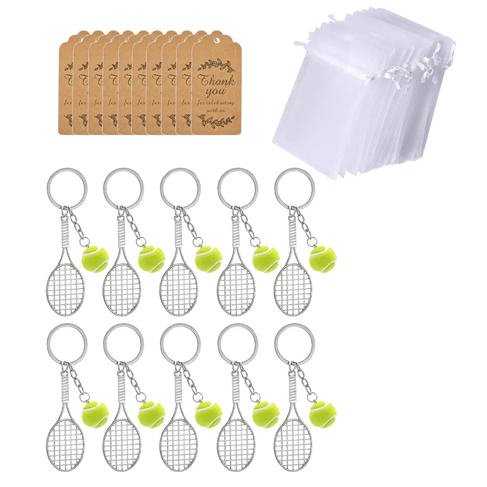 Buxuaaaa 10Pcs Tennis Racket Keychain Miniature Tennis Racquet Keyrings with Organza Bag for Bags Backpacks Party Gift Gift