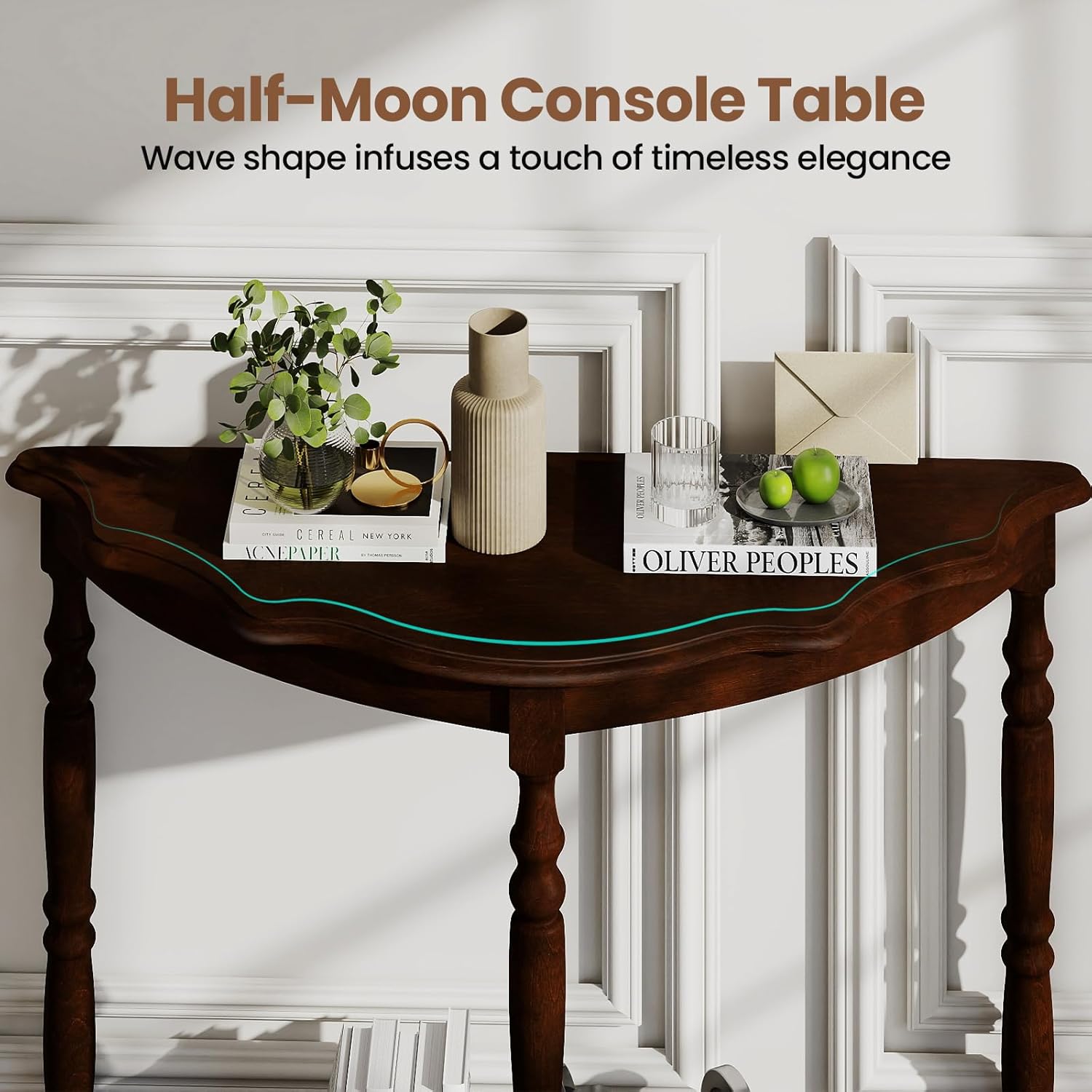 Giantex 42" Half Moon Console Table, 2-Tier Semi-Circle Entryway Table with Storage Shelf & Carved Rubber Wood Legs, Vintage Round Curved Sofa Tables for Living Room, Hallway, Entrance