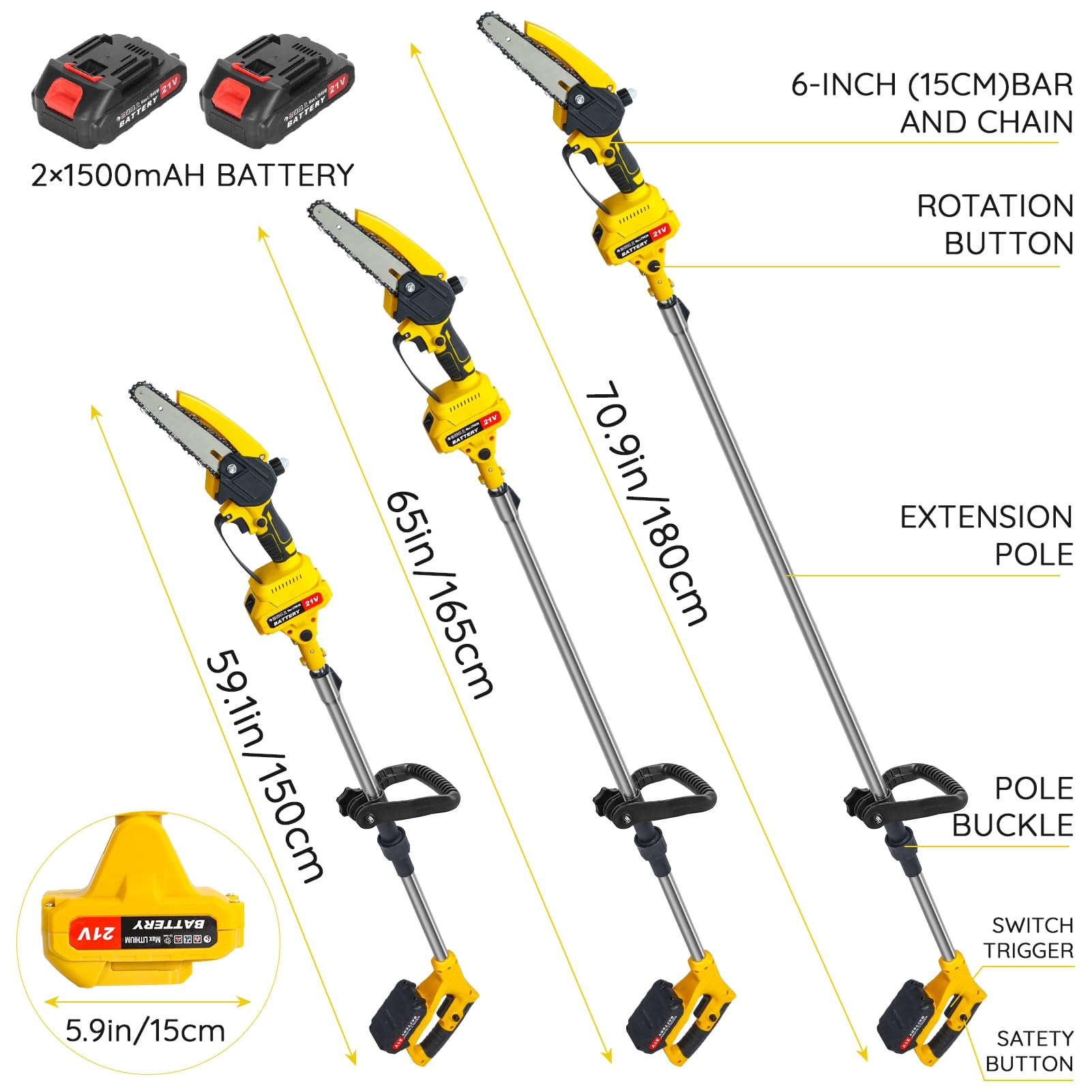 Sierra de poste inalámbrica, mini motosierra 2 en 1 con motor sin escobillas para podar ejes, motosierra eléctrica de 6 pulgadas con poste de extensión de 0,9 a 5,9 pies amarillo