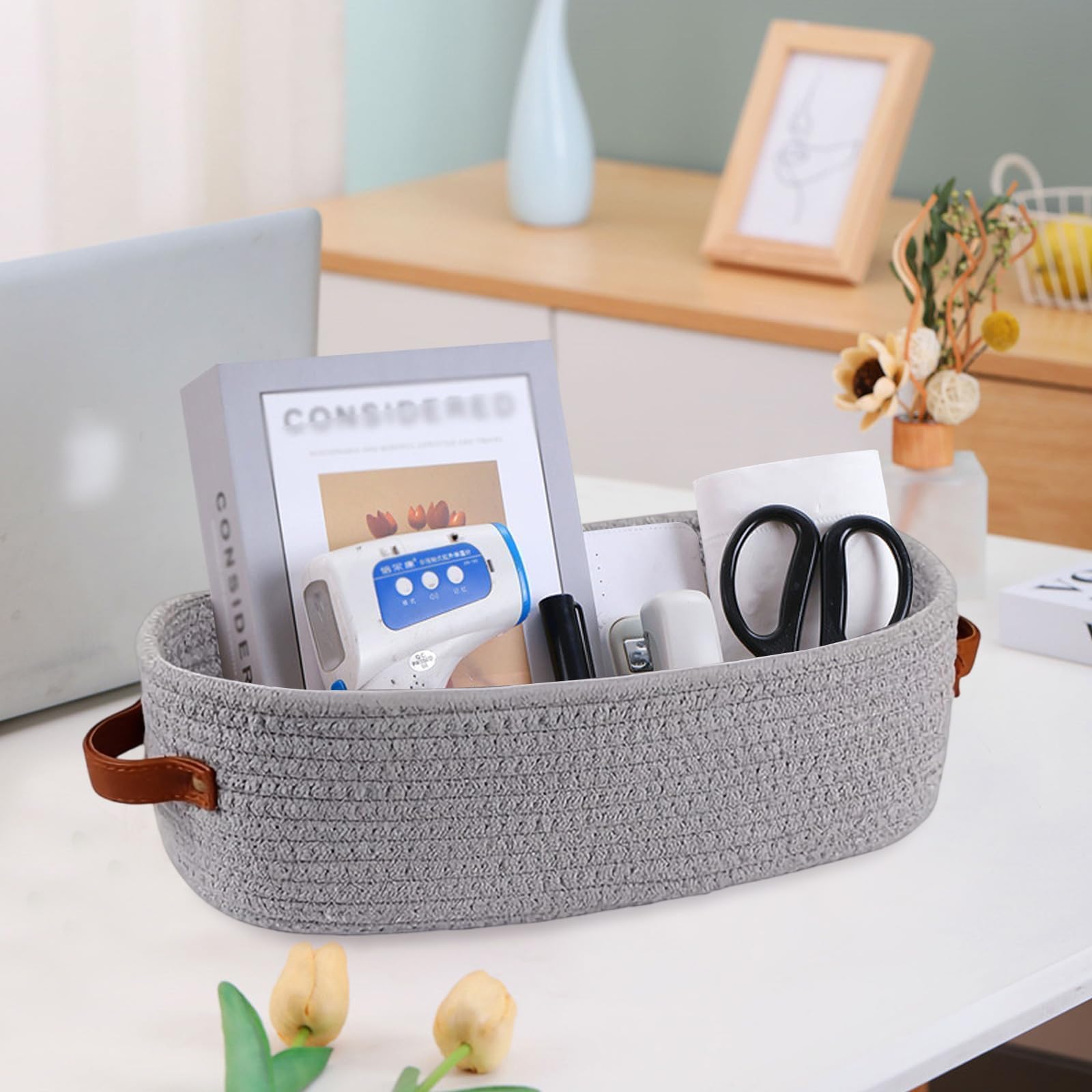 TIANLIN Set di 2 Cestini Portaoggetti Intrecciati in Cotone, 1 Grigio & 1 Kaki 33×15×10 cm, Cestino Portaoggetti con Manici in Pelle per Bagno, Camera, Cucina e Organizer Fasciatoio per Neonati