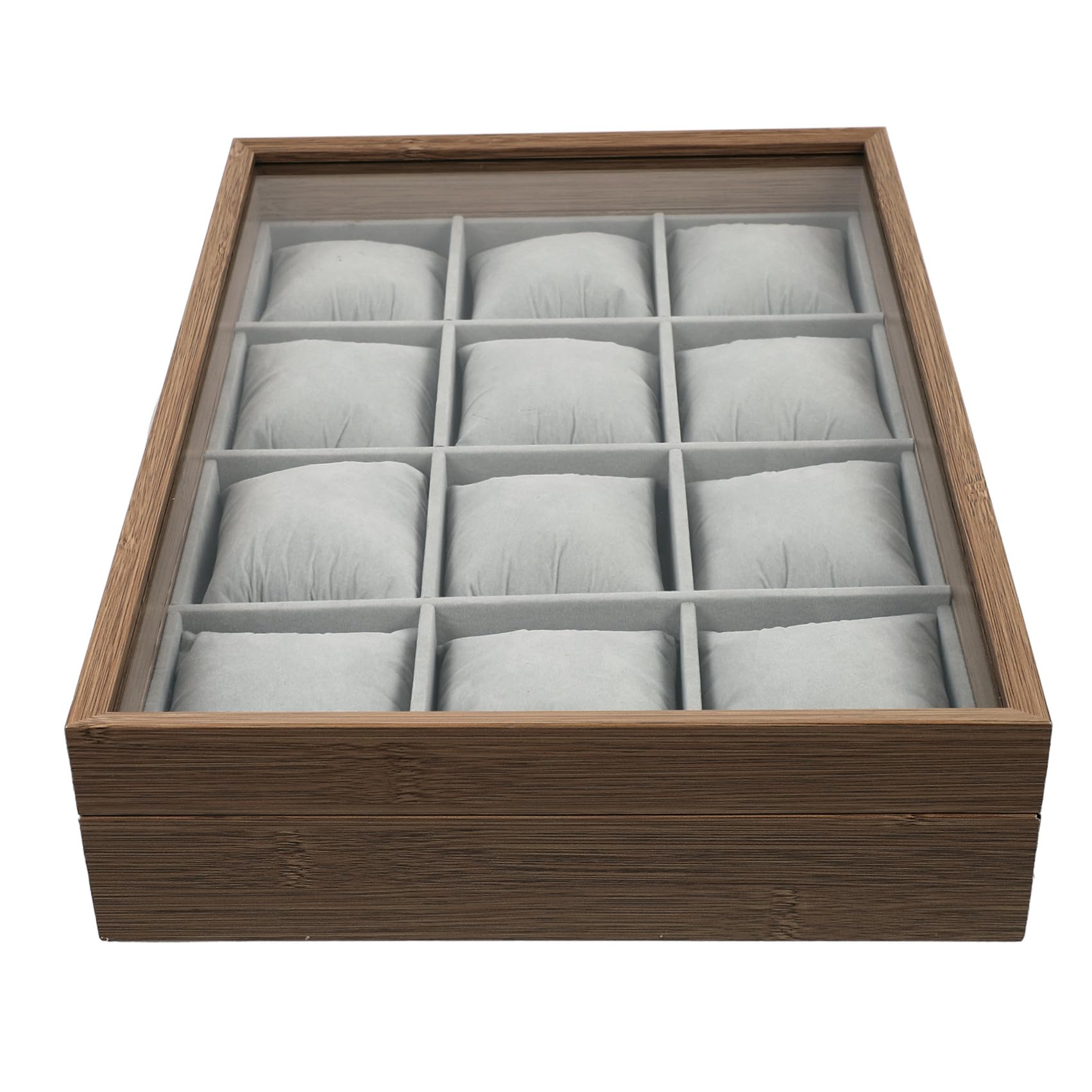POPETPOP Vassoio Espositore in Legno con 12 Scomparti per Orologi e Braccialetti, Cuscini Morbidi Rimovibili, Organizer Elegante per Uso Personale e Decorazione Casa