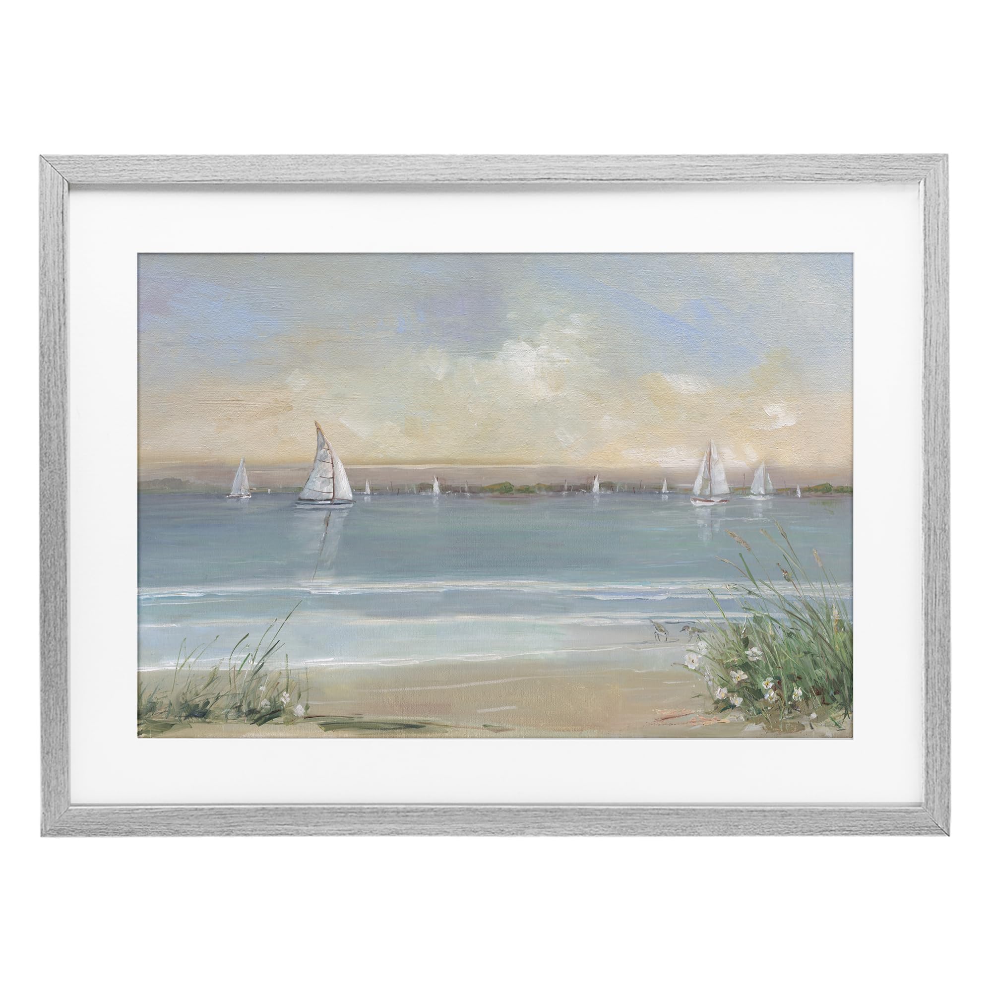 Stupell Industries Farmhouse Gray (Textured) Coastal Sailing At Dawn Seaside, 17 X 23 Inch Framed Print Under Glass