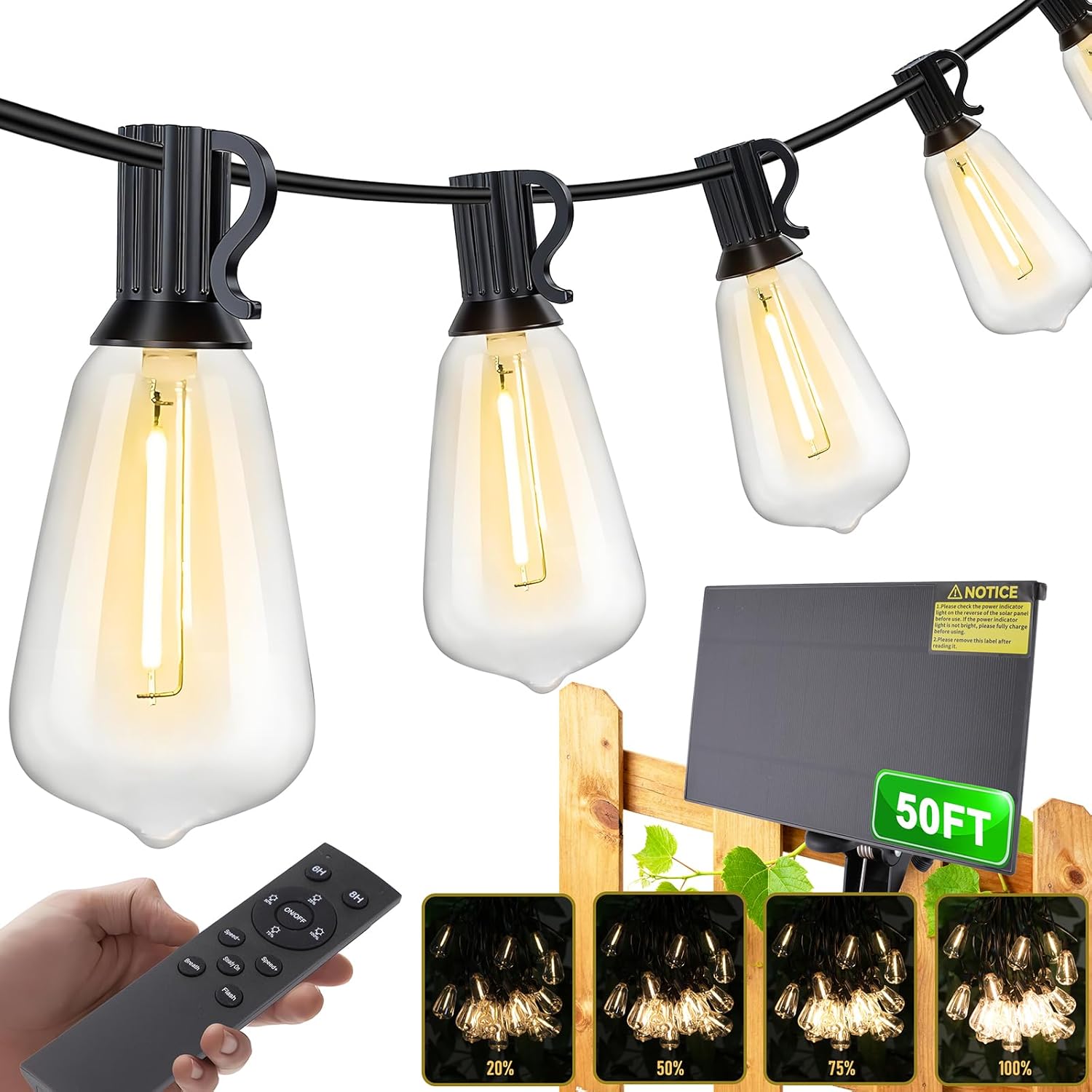 Solar String Lights Outdoor, 24V Energy-Saving LED Globe Patio Lights, Waterproof Hanging Garden Decorative Lights for Backyard, Balcony, Party, Wedding – (ST38, 4W, 50FT)