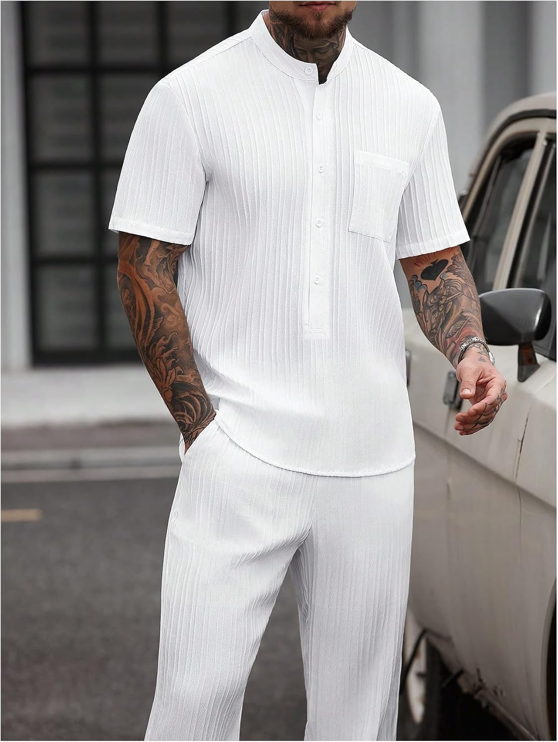 SOLY HUX Men's 2 Piece Summer Outfits Short Sleeve Button Down Shirts and Pants Casual Vacation Set