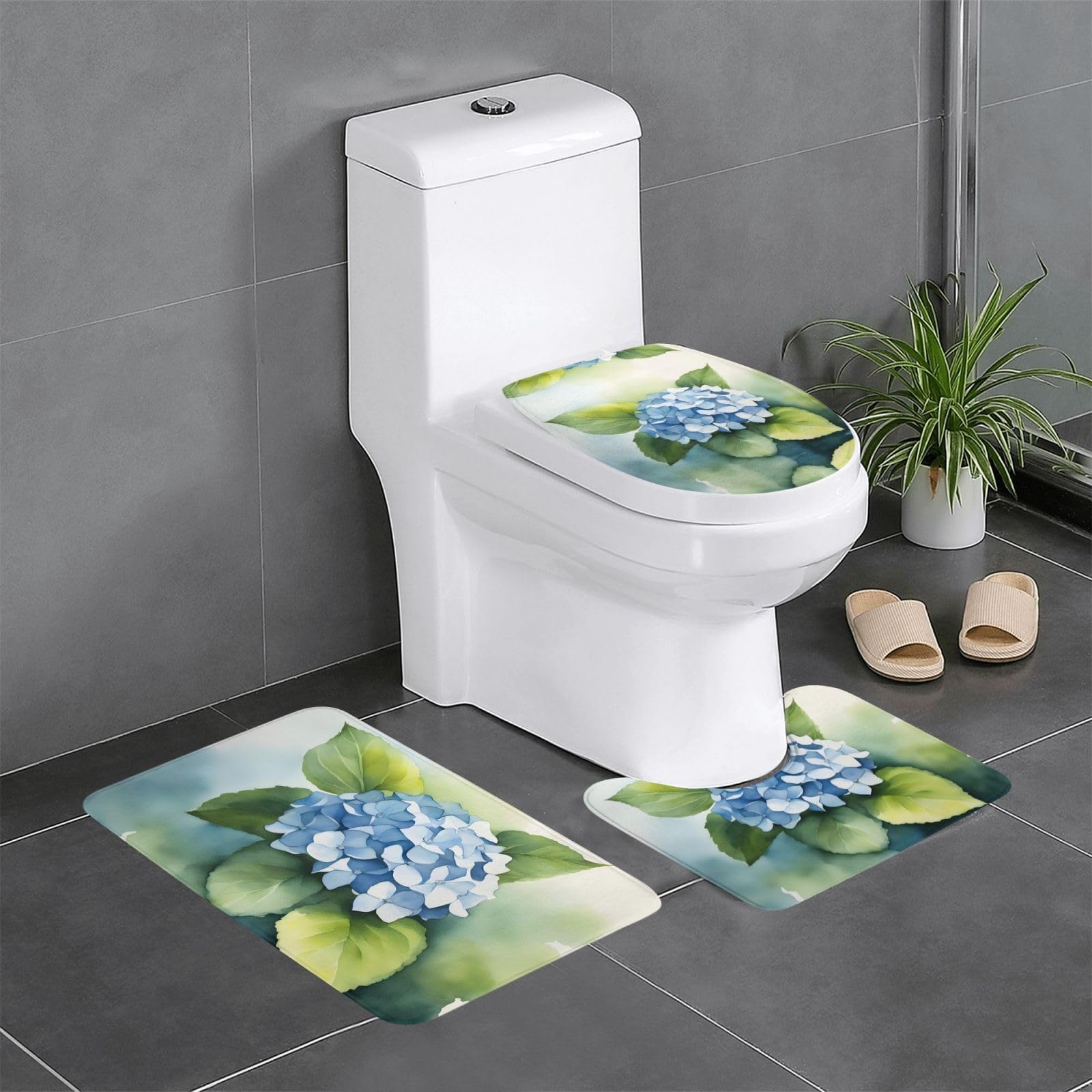 Tapis de salle de bain hortensia aquarelle lot de 3 antidérapants 61x40cm pour lavabo et toilettes