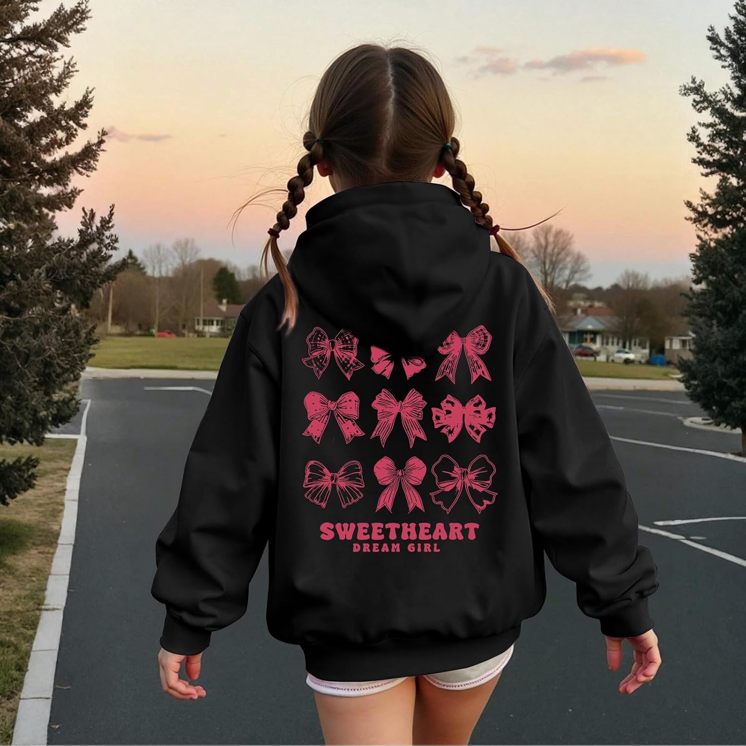 Girl's Cute Pink Bow Hoodie Aesthetic Preppy Sweatshirts Kids Casual Kawaii Bows Letter Graphic Hoodies Pullover Tops