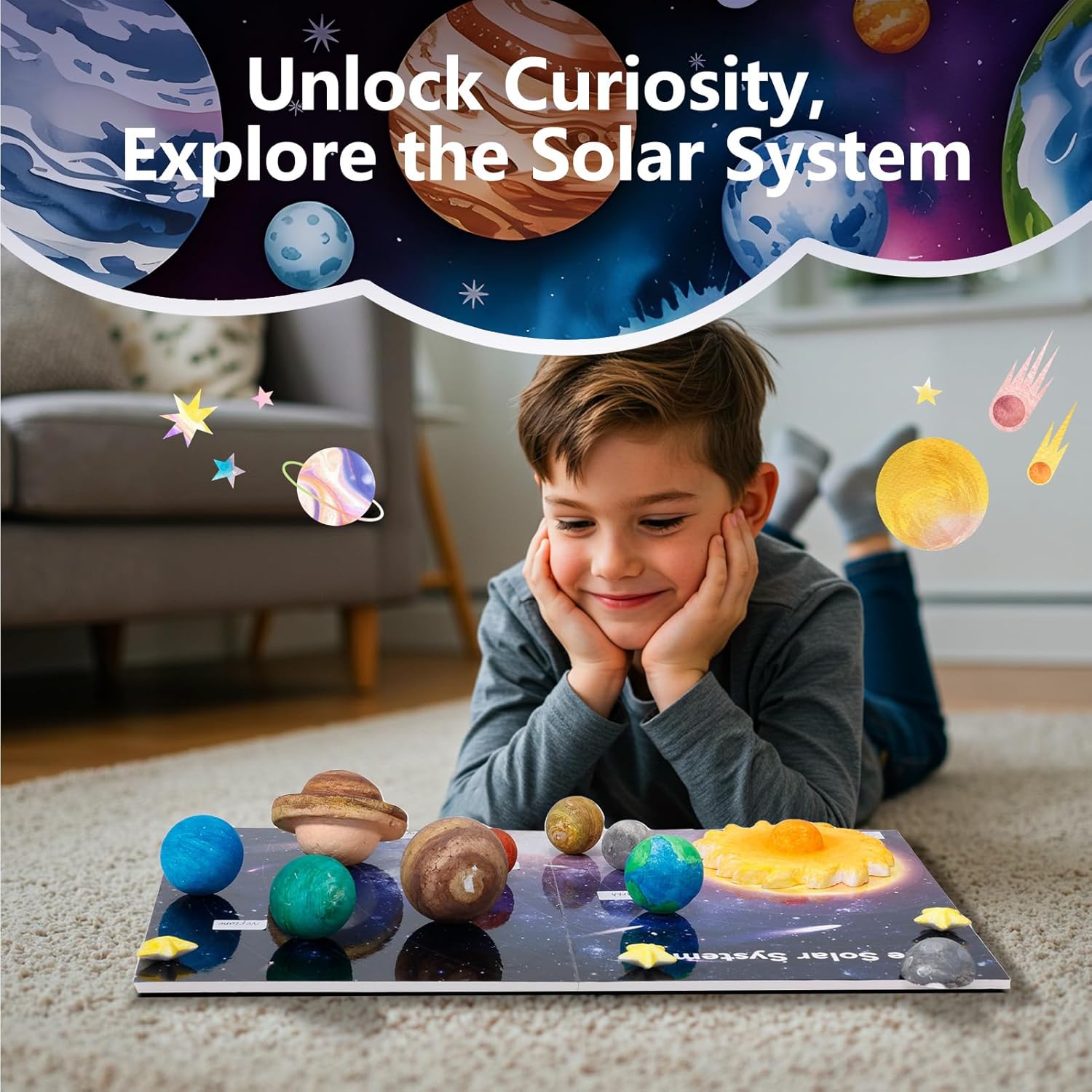 Pllieay Solar System Model Kit, 3D Solar System Kit with Display Board, 17 Foam Balls, 12 Color Pigments, Brushes, Palette, DIY Planets Model Toy for Kids School Science Projects