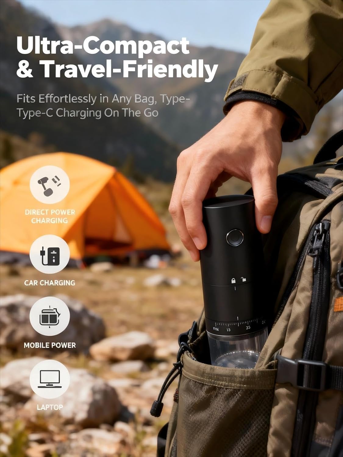 LAMIDO Moulin à café électrique portable – Moudre pendant la charge – 38 réglages externes réglables – Broyage 1,8 x plus rapide – Batterie rechargeable de 2000 mAh pour voyage, camping – Noir mat