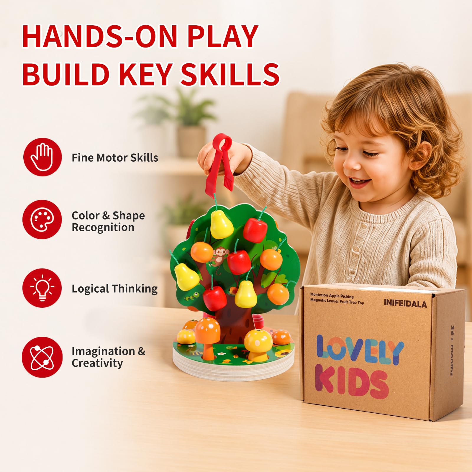 Montessori Apple Picking Magnetic Tree Toy - Giocattoli Montessori per 3 4 5 6 anni - Giocattolo sensoriale in legno per bambini - Puzzle di ordinamento delle forme per abilità motorie fini,