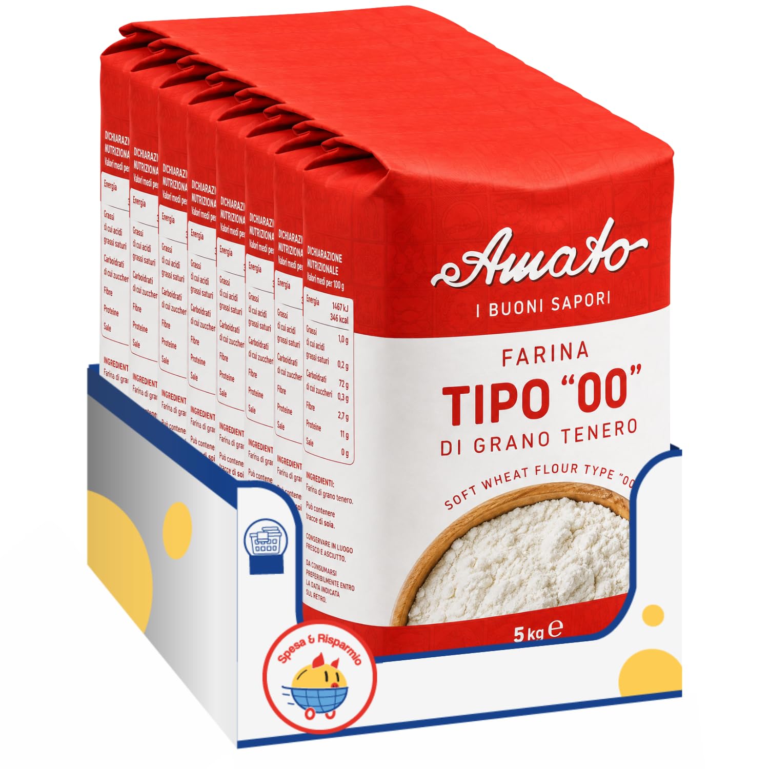 Amato Farina di Grano Tenero Tipo 00 5 kg, Farina per Pizza, Pane, Pasta Fresca e Dolci, Ideale per Impasti Soffici e Lievitati, Confezione Multipla da 4/8/12 Pezzi (8 PEZZI)
