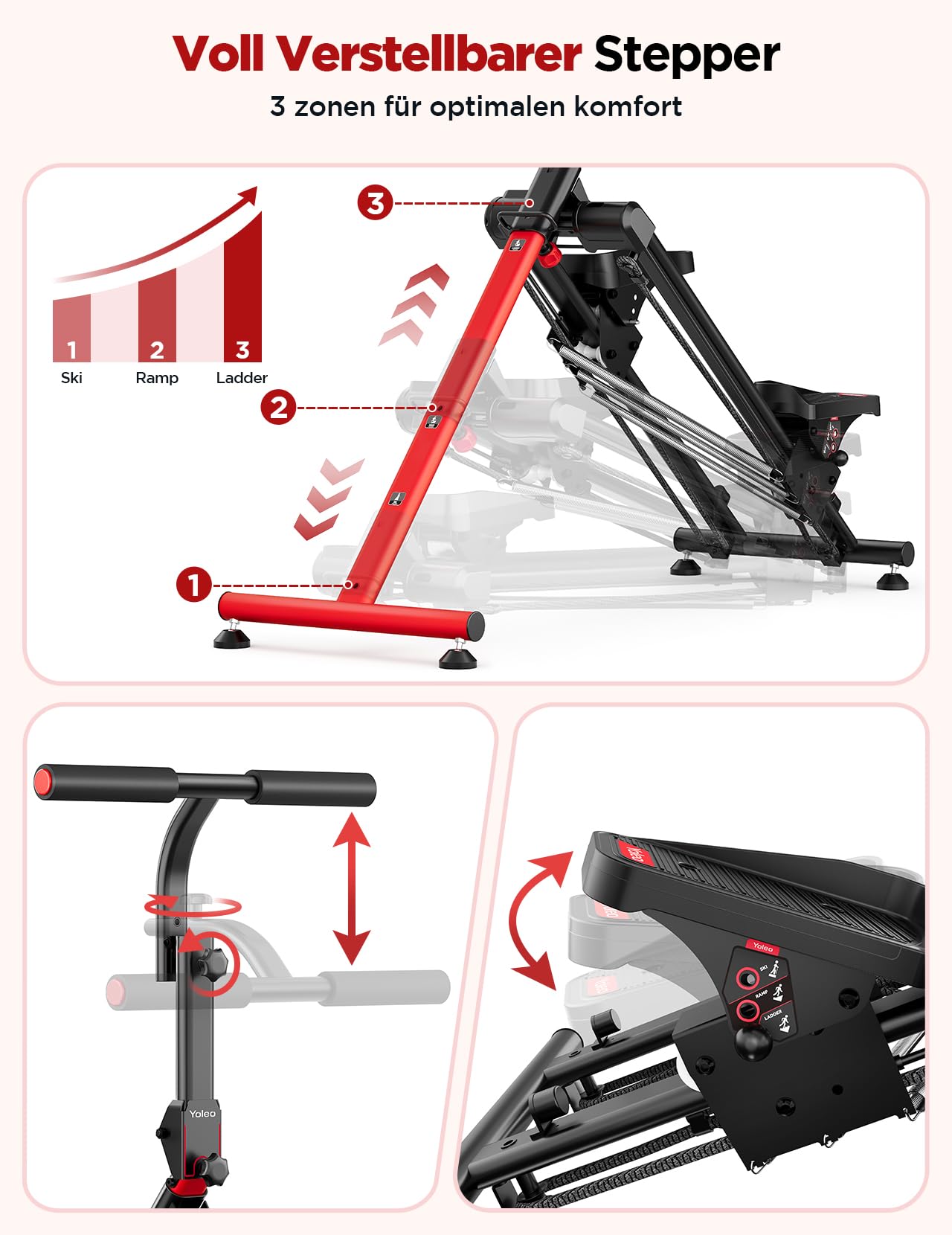 YOLEO Einstellbarer Widerstand Stair Stepper für Zuhause, Klappbarer Stepper mit 3 Trainingsmodi, Compact Cardio Übung Stair Climber mit XXL-Trittflächen, 90% Vormontiert Stairmaster mit Haltegriff
