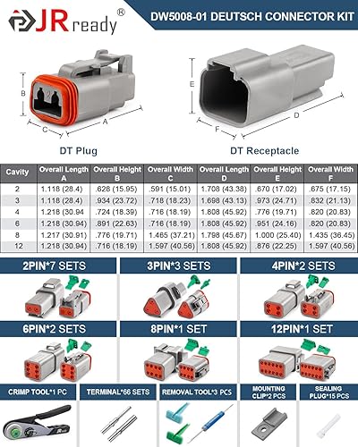 Miniatura 2 de JRready Deutsch Kit de conectores impermeables de 2 pines, conectores DT de 3, 4, 6, 8, 12 pines, herramienta de crimpado Deutsch para automóvil,
