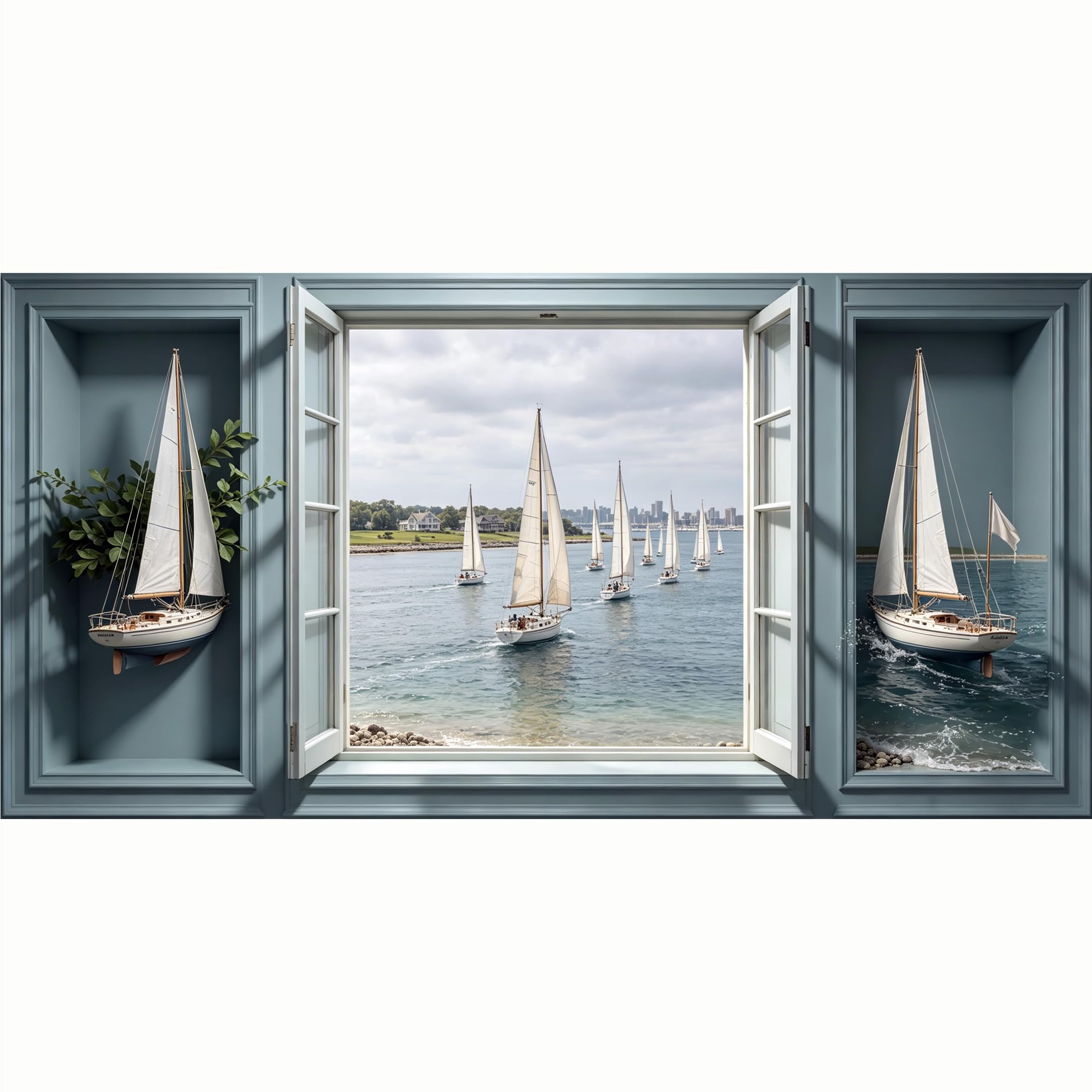 QZLITHOTIC 50x100cm 3D Framed Wall Art， Coastal Sailboat Ocean View Window Self‑Adhesive Mural， Water‑Activated Peel & Stick Fabric Decor Wall Decal for Bedroom Living Room