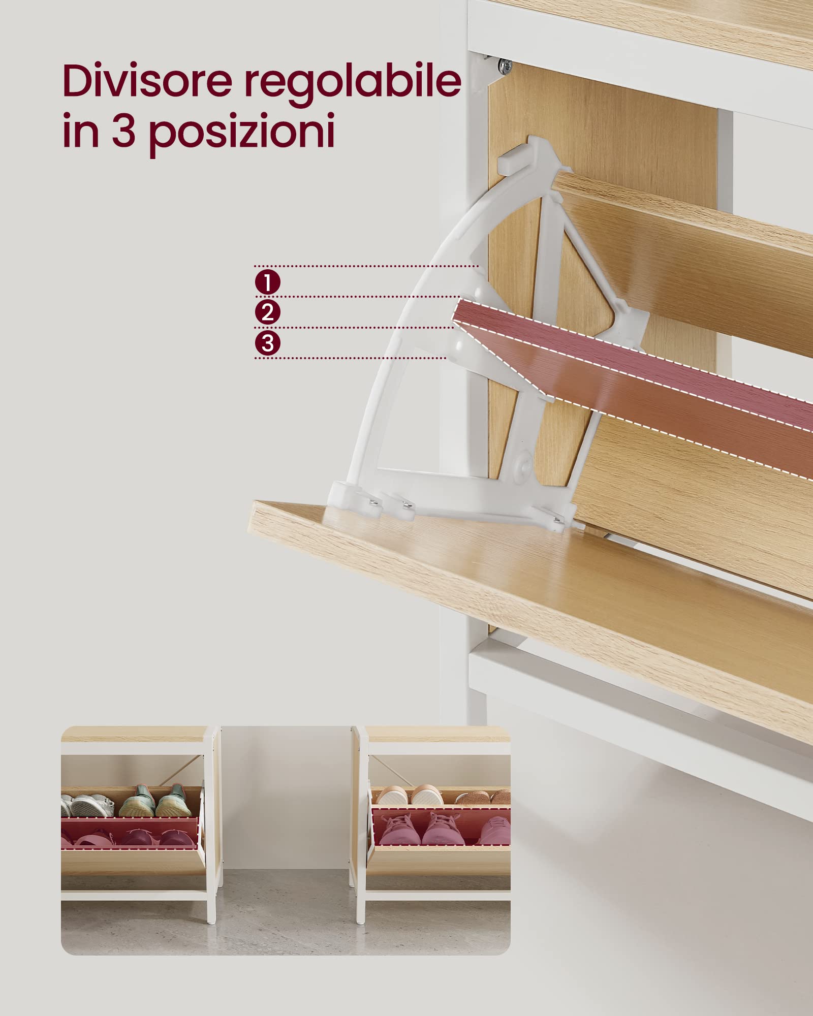 VASAGLE Appendiabiti con Scarpiera a Ribalta, Mobile da Ingresso, con Panca, 9 Ganci e Mensola Superiore, per Corridoio Camera da Letto, Stile Moderno, Rovere e Bianco HSR405W09