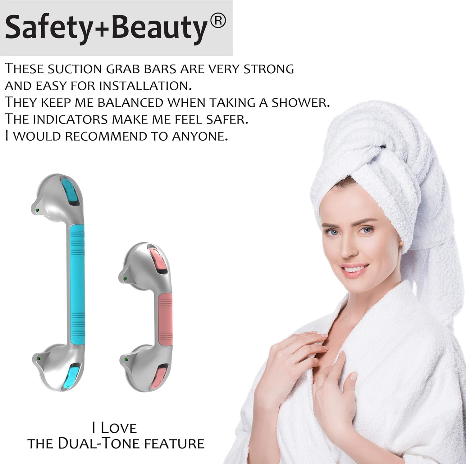 SAFETY+BEAUTY 16.5in Suction Bath Grab Bar with Indicators, Balance Assist Bathroom Shower Handle (Silver/Grey, Pack of 2) : Health & Household