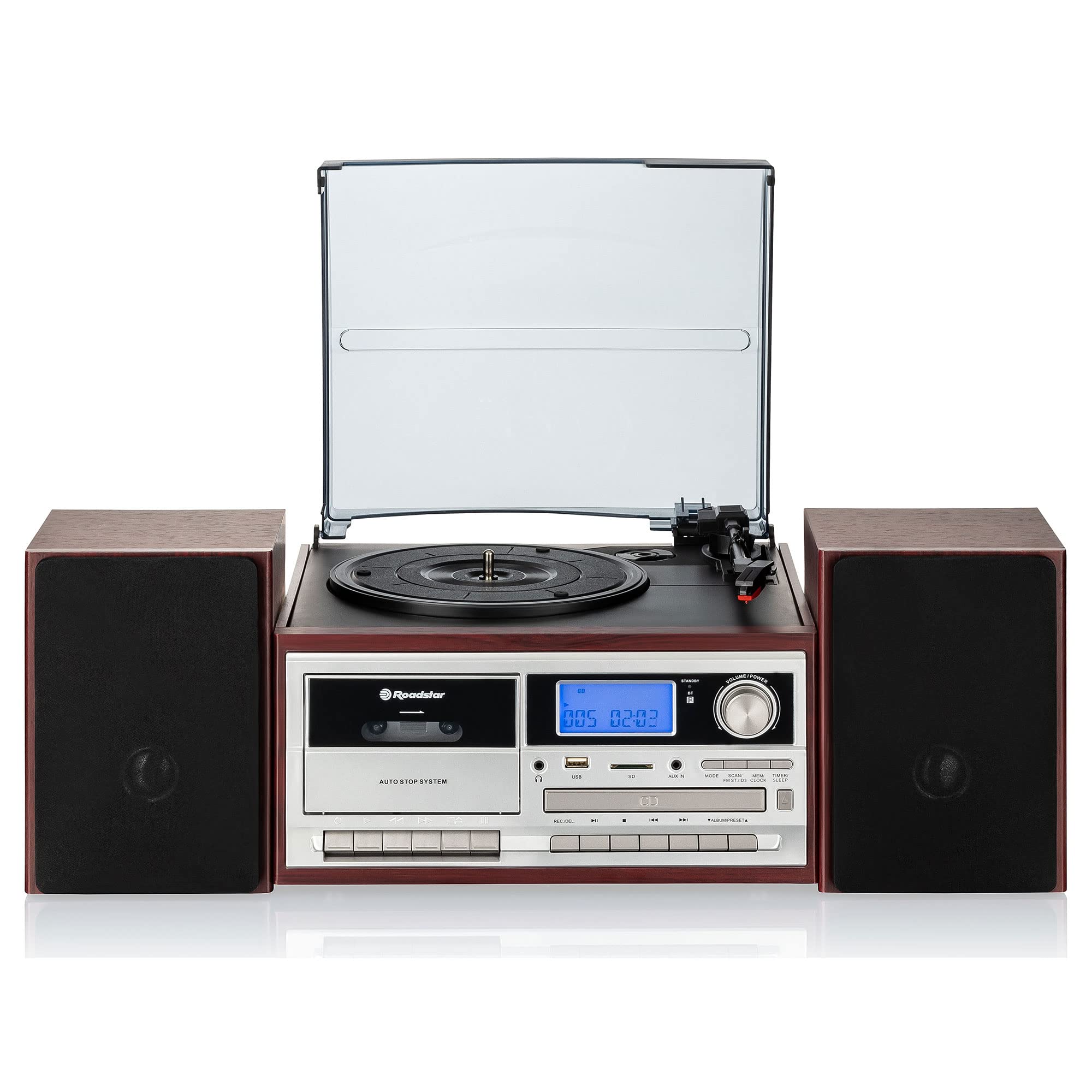 Roadstar HIF-8892EBT Minicadena de Música Hi-Fi Tocadiscos 33/45/78 rpm, Radio Digital PLL FM, Reproductor CD-MP3, Cassette, Bluetooth, USB Función Grabación, Tarjeta SD, Mando a Distancia, Madera