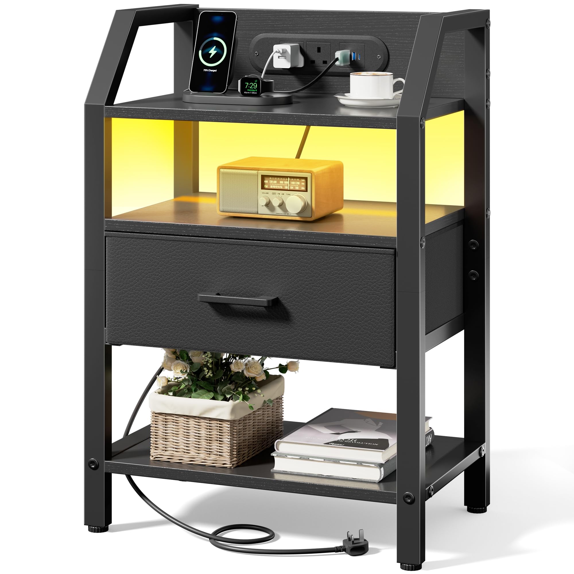 DLONGONE LED Bedside Table with Charging Station, Bedside Cabinet with Fabric Storage Drawer and Open Storage Shelves, Nightstand with 2 AC Outlets, 2 USB & 1 Type-C for Living Room, Bedroom, Black