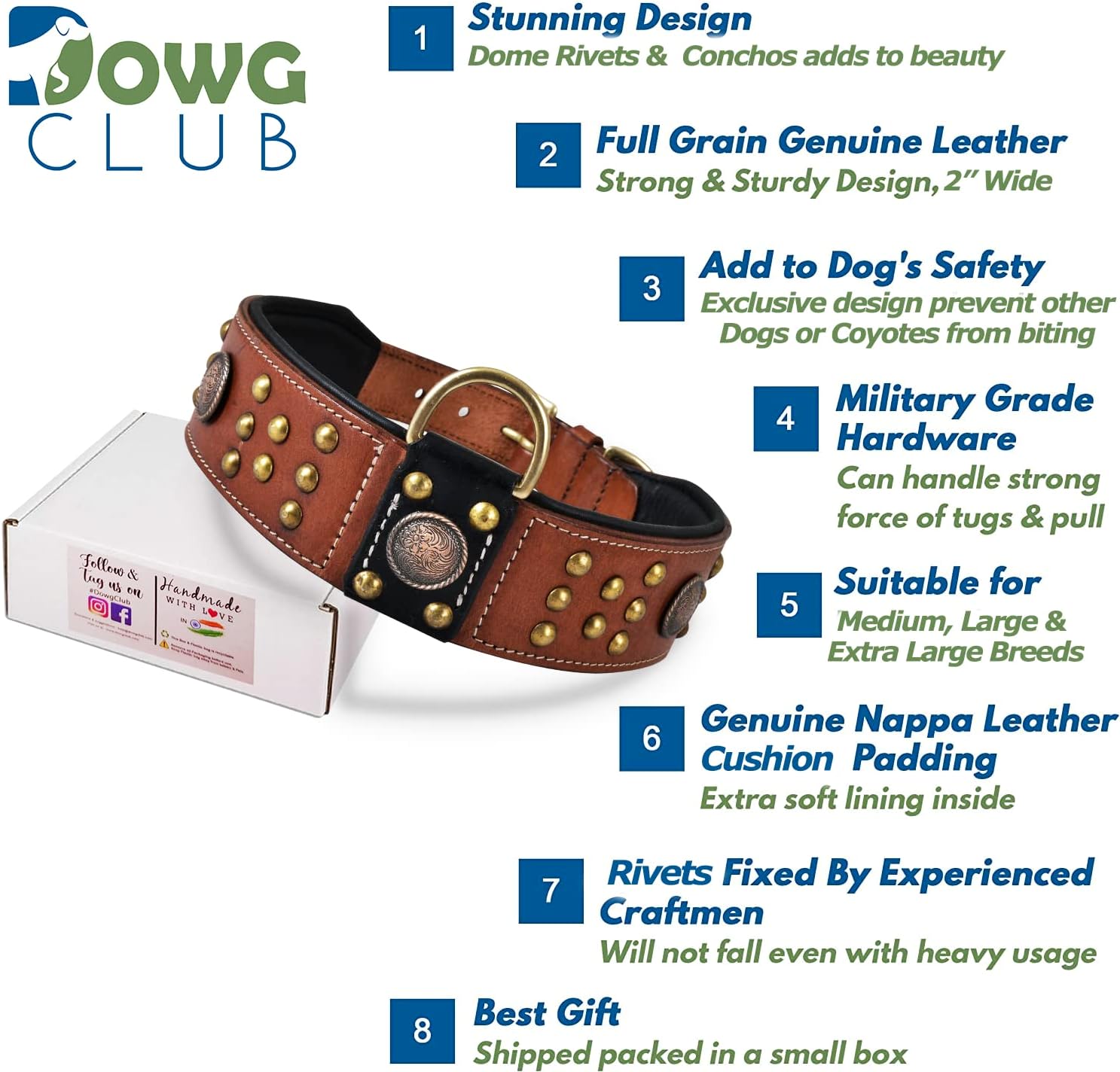 Genuine Leather ‘Cupola’ Series Dog Collar | Celtic Conchos & Gold Dome Rivets | Soft, Cushion Padding, Handmade | Best for Medium, Large, XL Breeds (L (Neck Size 18.5"-22.5"), Sienna Brown)