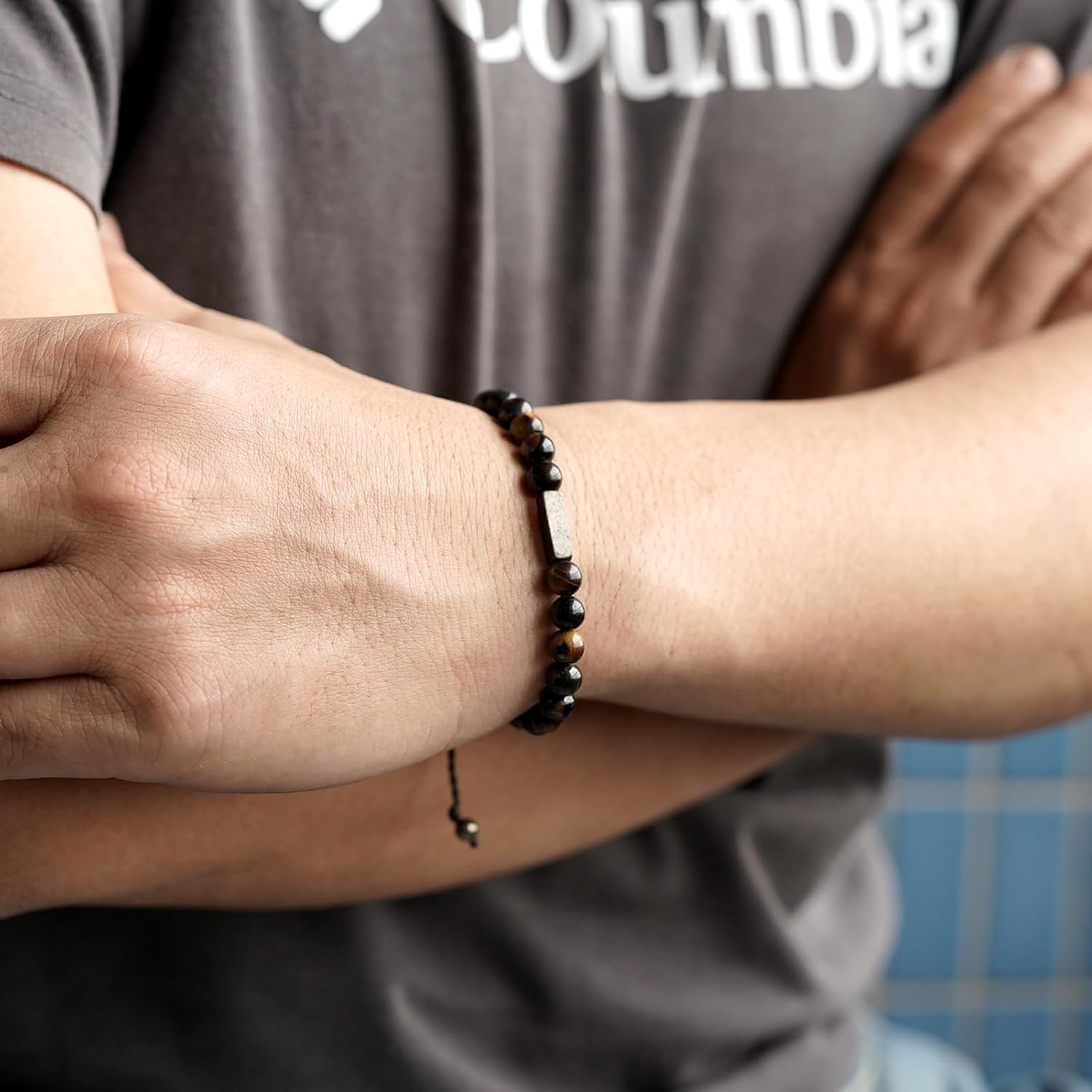 Handmade Natural Gemstone Beaded Healing Bracelet for Men, Adjustable Waterproof Bracelet with Pyrite Lucky Brick, Birthday Gifts for Boyfriend Husband Him - Image 5