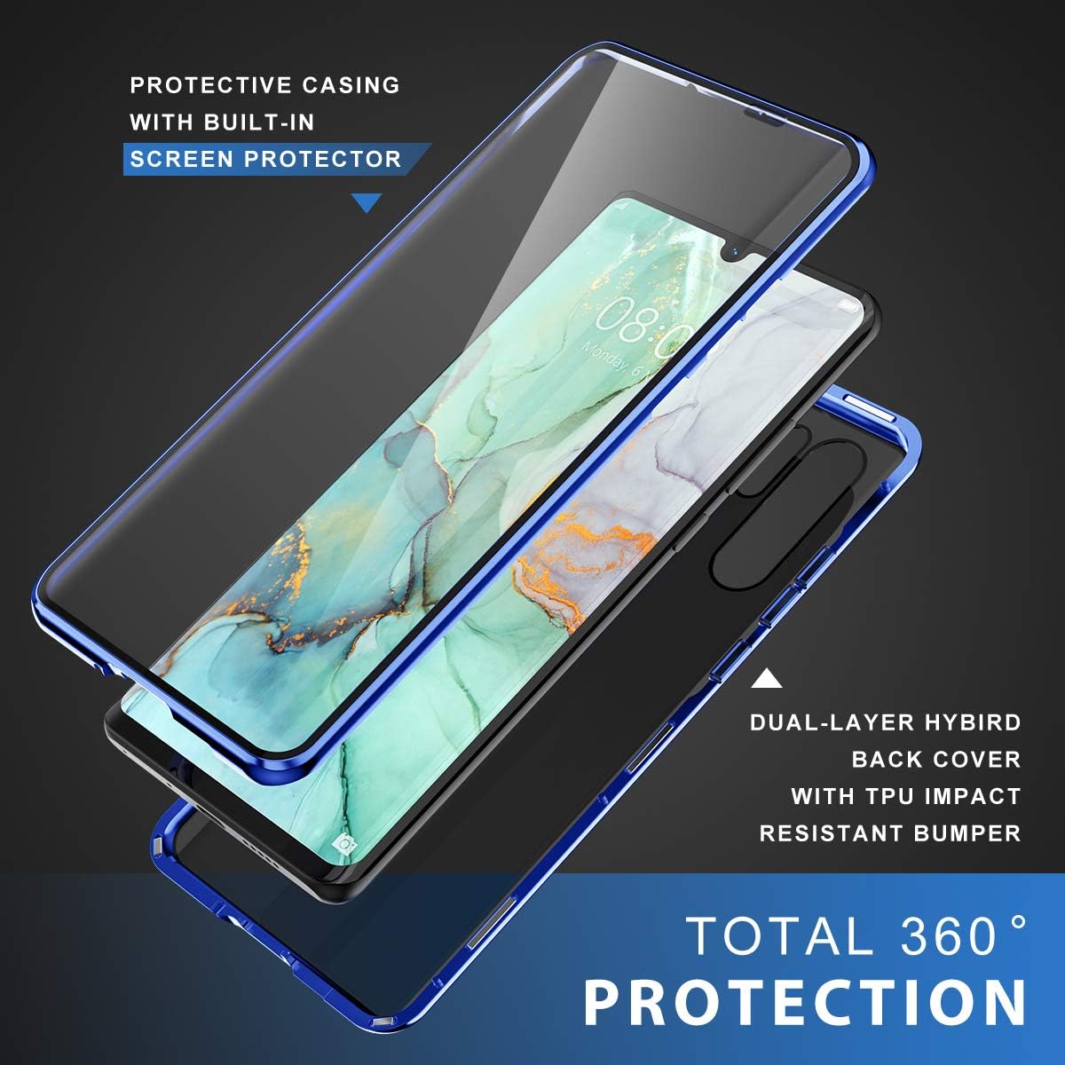 Huawei P30 Pro Case, ZHIKE Magnetic Adsorption Case Front and Back Tempered Glass Full Screen Coverage One-Piece Design Flip Cover for Huawei P30 Pro (Clear Blue)