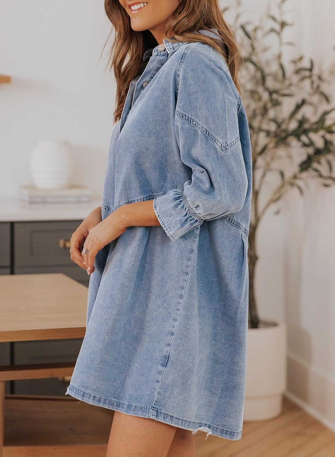 Sidefeel Womens Smocked 3 4 Sleeve Button Down Denim Jeans Dresses - Image 3