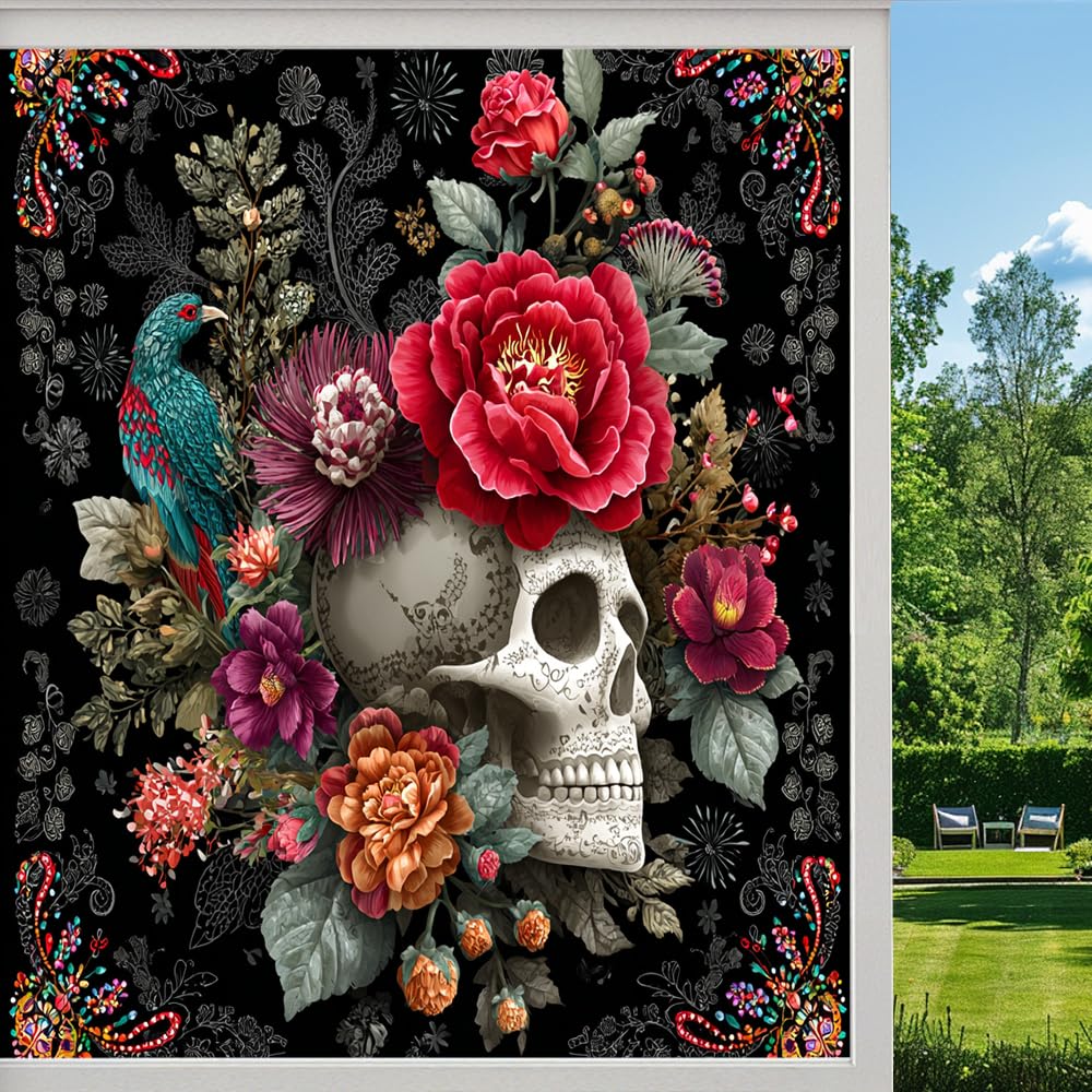 Gothic Rose Skull Frosted Window Film, Colorful Floral Bones Stained Glass Privacy Film, Heat Insulation Self-Adhesive Vinyl for Bathroom Office, （90x160cm）