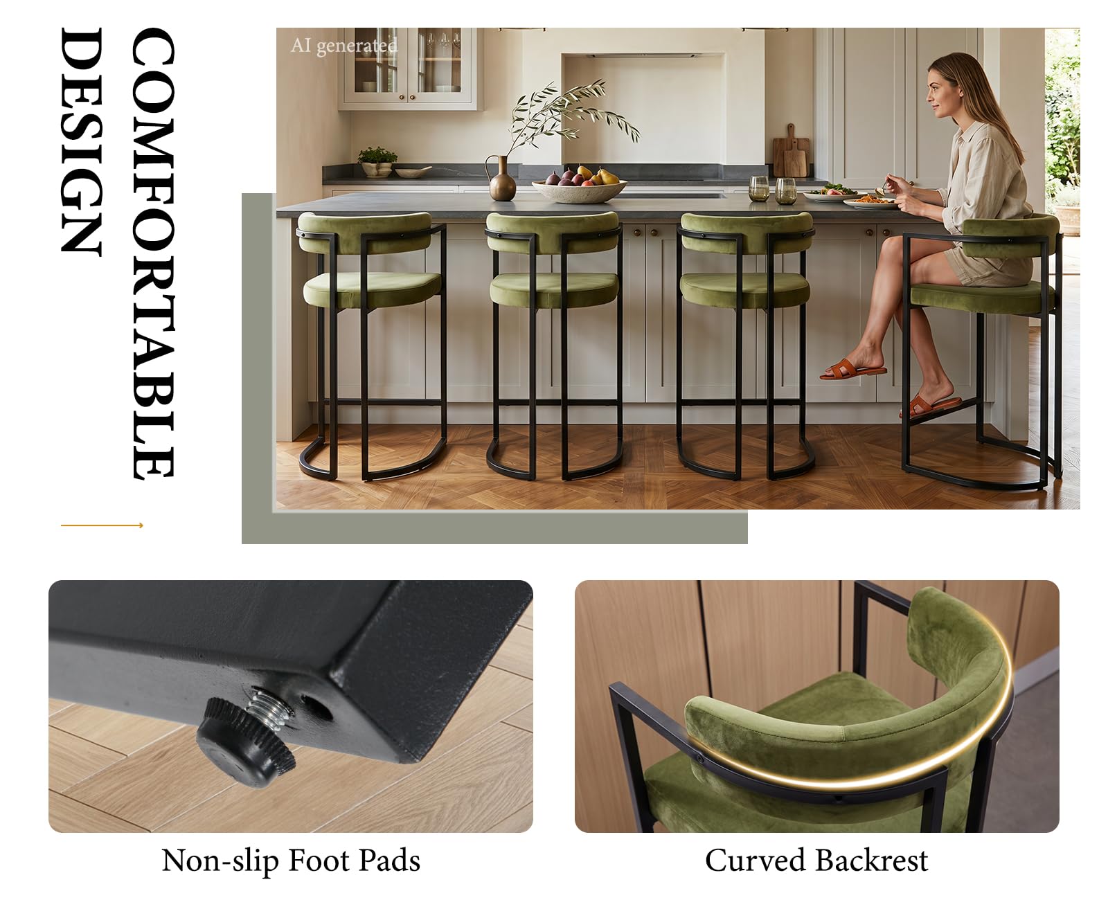 chairus Set di 2 Sgabelli da Cucina in Velluto Sgabelli da Bar Moderni Sgabelli Alti con Struttura in Metallo Sedie da Bar per Cucina Bancone, Verde