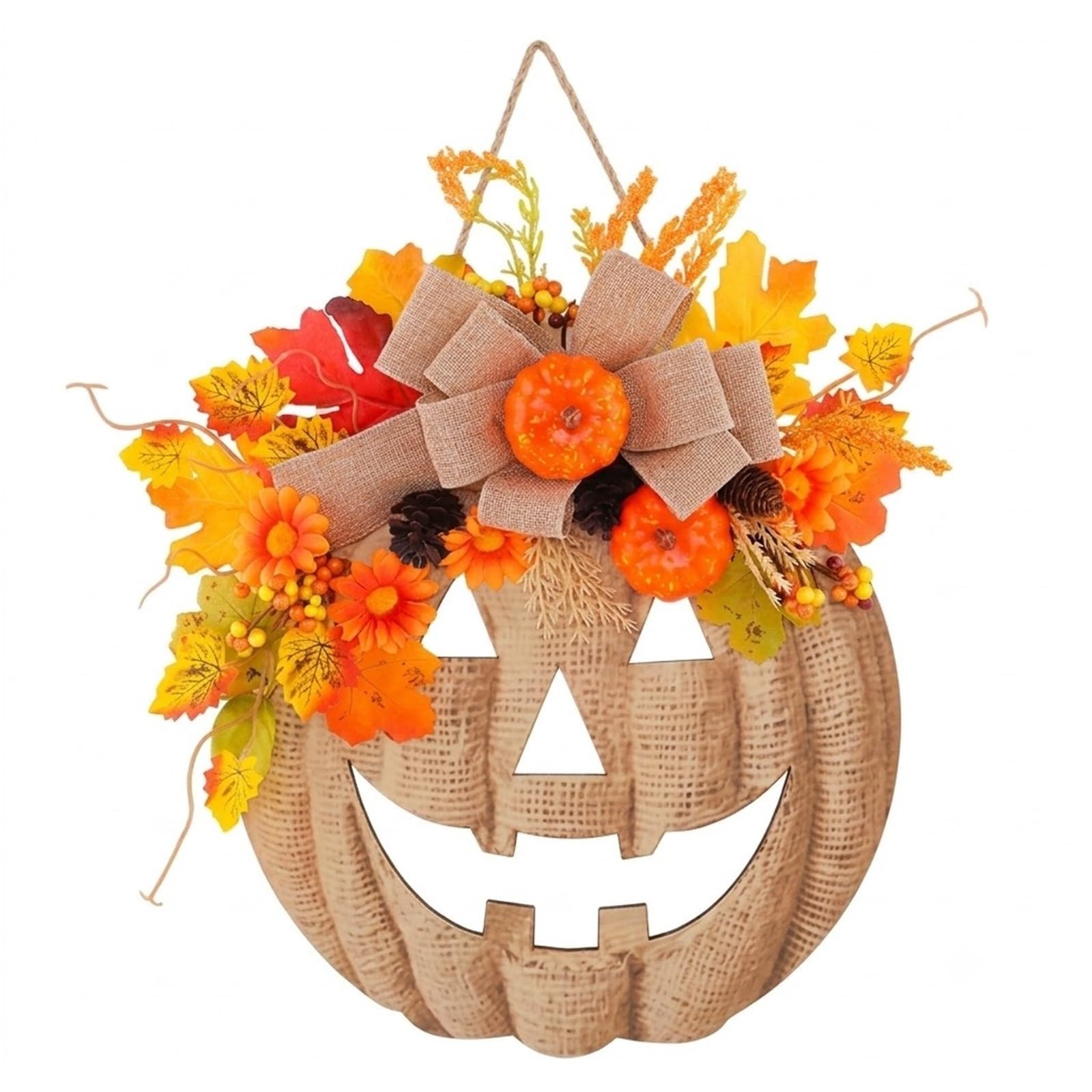 Lighted Burlap Pumpkin Wreath, Fall Front Door Decor