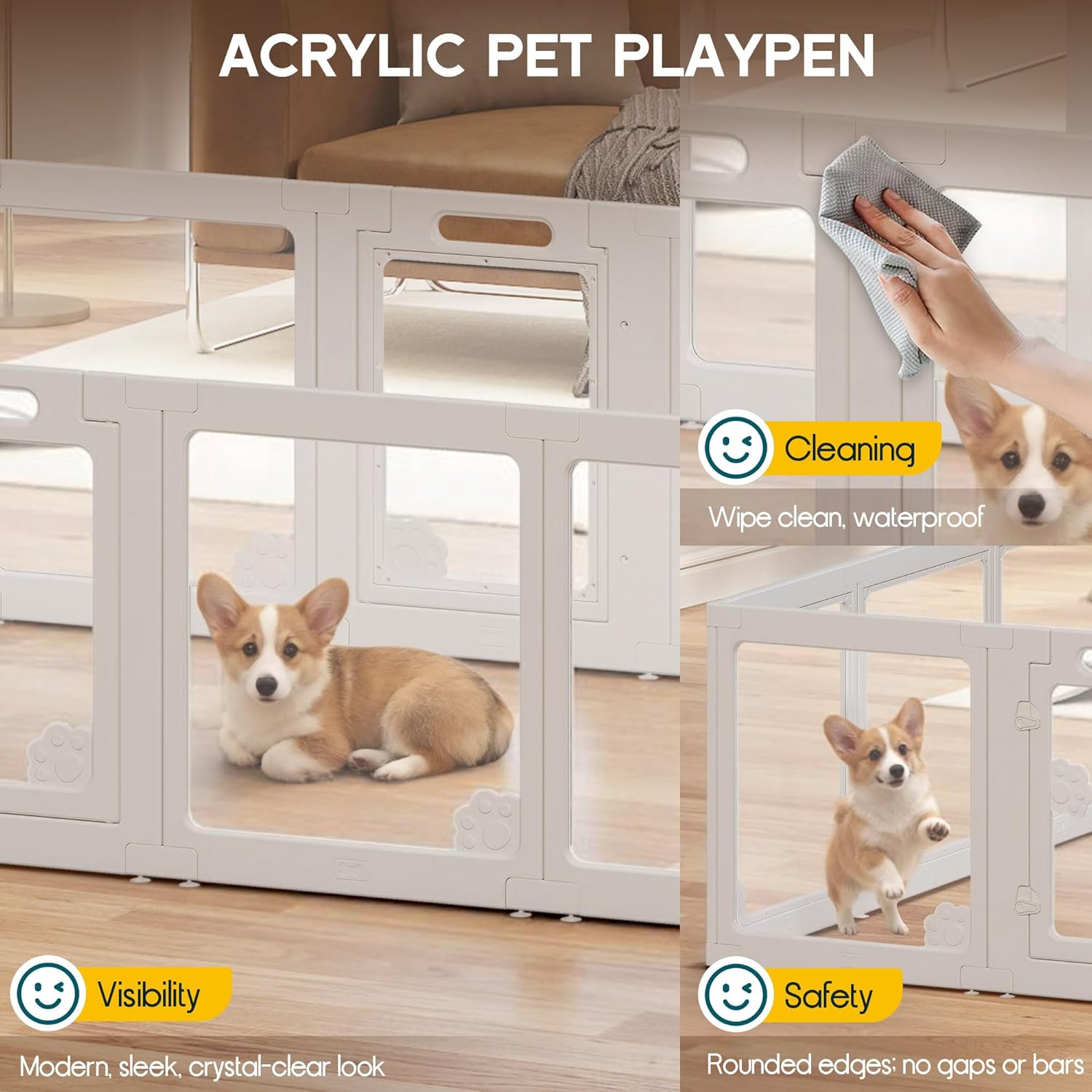Albott Acrylic Clear Dog Playpen Indoor, Modular Puppy Cat Small Pet Play Pen with 3 Doors, Transparent Fence for Little Dogs, Cats, Rabbits, Easy Assemble and Disassemble, White (24" H, 17 pcs)