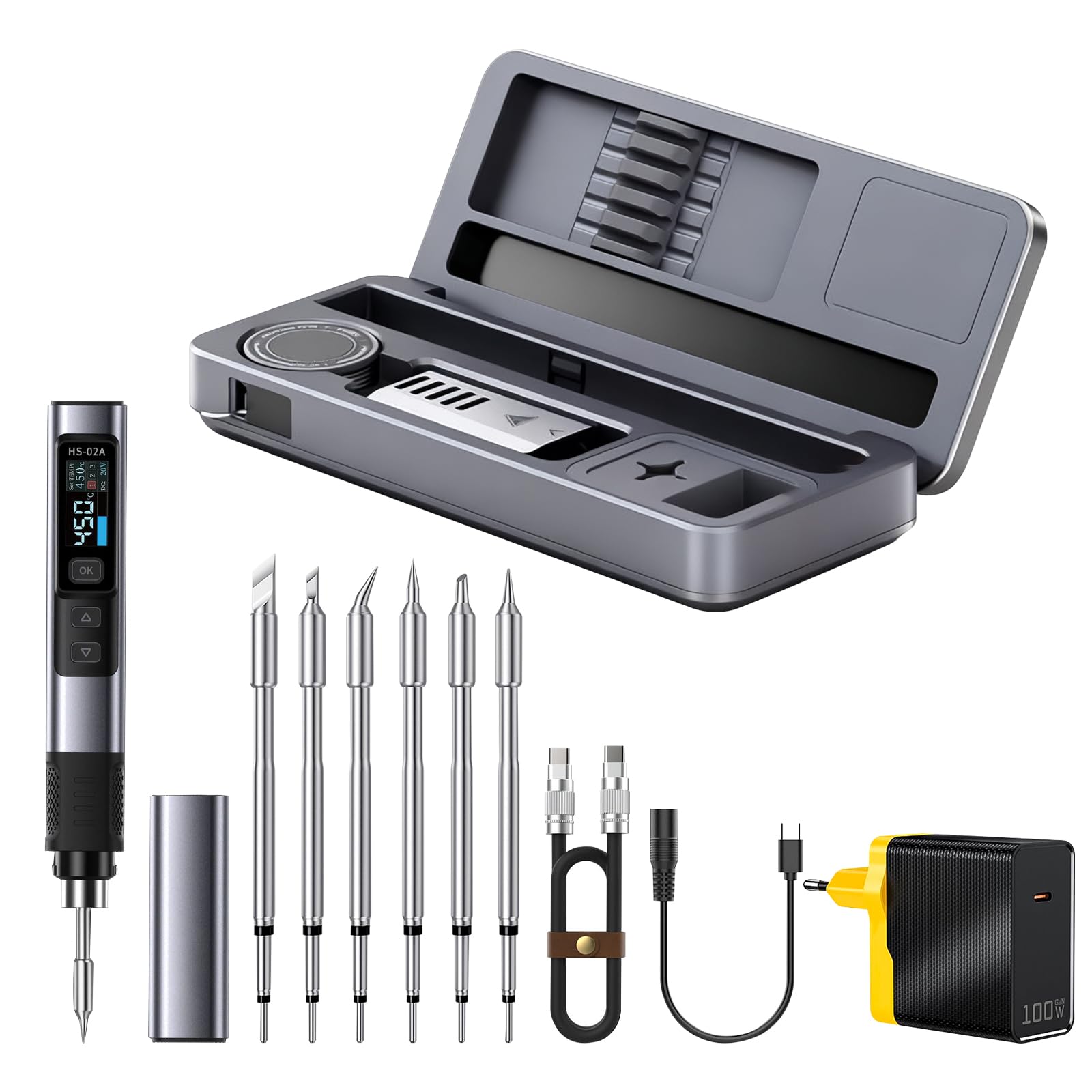 HS-02A Kit saldatore portatile con cavo, 100 W, saldatore a temperatura controllata, riscaldamento rapido 3S, 180-1002 °F, temperatura pre-impostata 3 gruppi, 6 punte di saldatura per riparazione