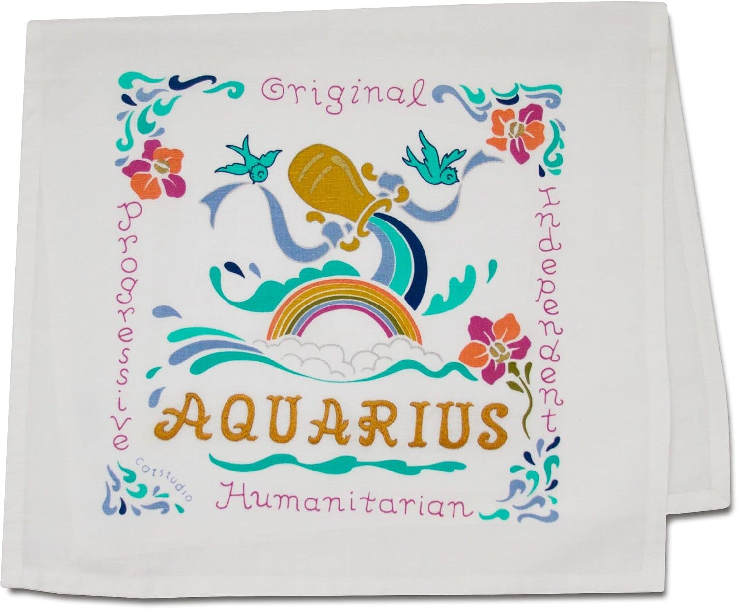 Catstudio Aquarius Dish Towel, Astrology Kitchen Towel with Matching Gift Pouch - Celebrate January & February Birthdays with Luxe Hand Towels Embroidered with Aquarius Zodiac Signs