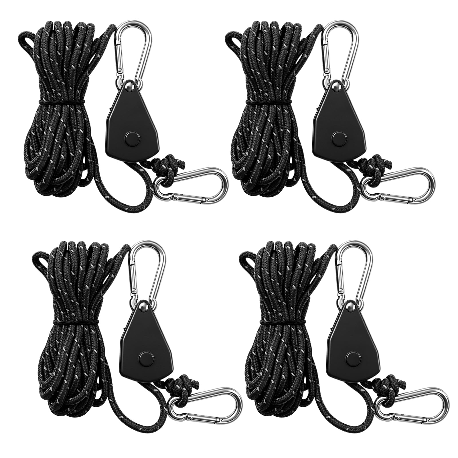 BHSTTNIXP 4M/13Ft Reflective Paracord Rope Ratchet Strap, 4 Pack Black Small Tie Down Straps, 4mm 550 Pulley Tightener Tensioner Cinch for Tent Tarp Grow Light Kayak Camping Awning Accessories