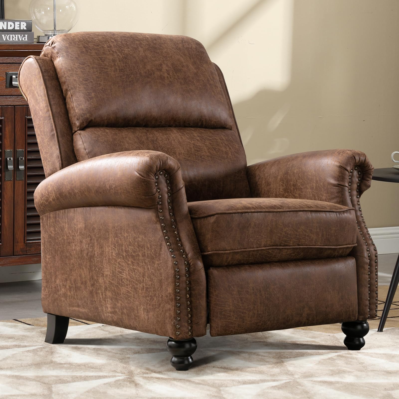 IOMOR Push Back Recliner Chair Faux Leather Lounge Armchair with Rivet Decoration Wingback Single Sofa Chair with Padded Seat Solid Wood Legs for