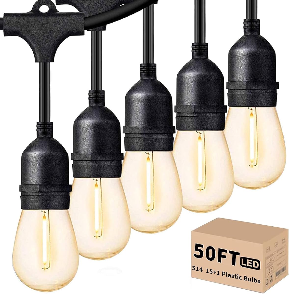 Outdoor Led String 50FT, Patio Lights with 16pcs S14 Shatterproof Bulbs, 1 Watt E26 Dimmable 2700K Warm White, IP65 Waterproof, Commercial Grade Lights | Commercial Grade with Shatterproof 1W S14 Dimmable Edison Bulbs, ETL Hanging Strand for Bistro Cafe Backyard Warm White
