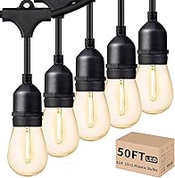 Svater 50FT S14 Outdoor String Lights with 16 Shatterproof 1W E26 Bulbs, IP65 Waterproof Dimmable 2700K Warm White Patio Lights