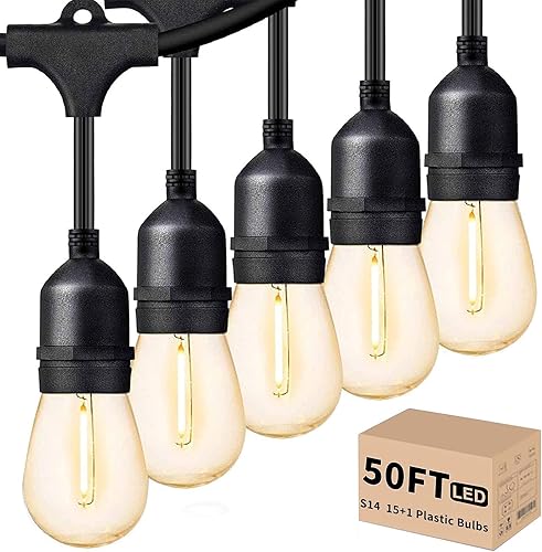 Svater Cadena de luces LED para exteriores de 50 pies, luces de patio con 16 bombillas S14 inastillables, 1 vatio, E26, regulable, 2700 K, blanco