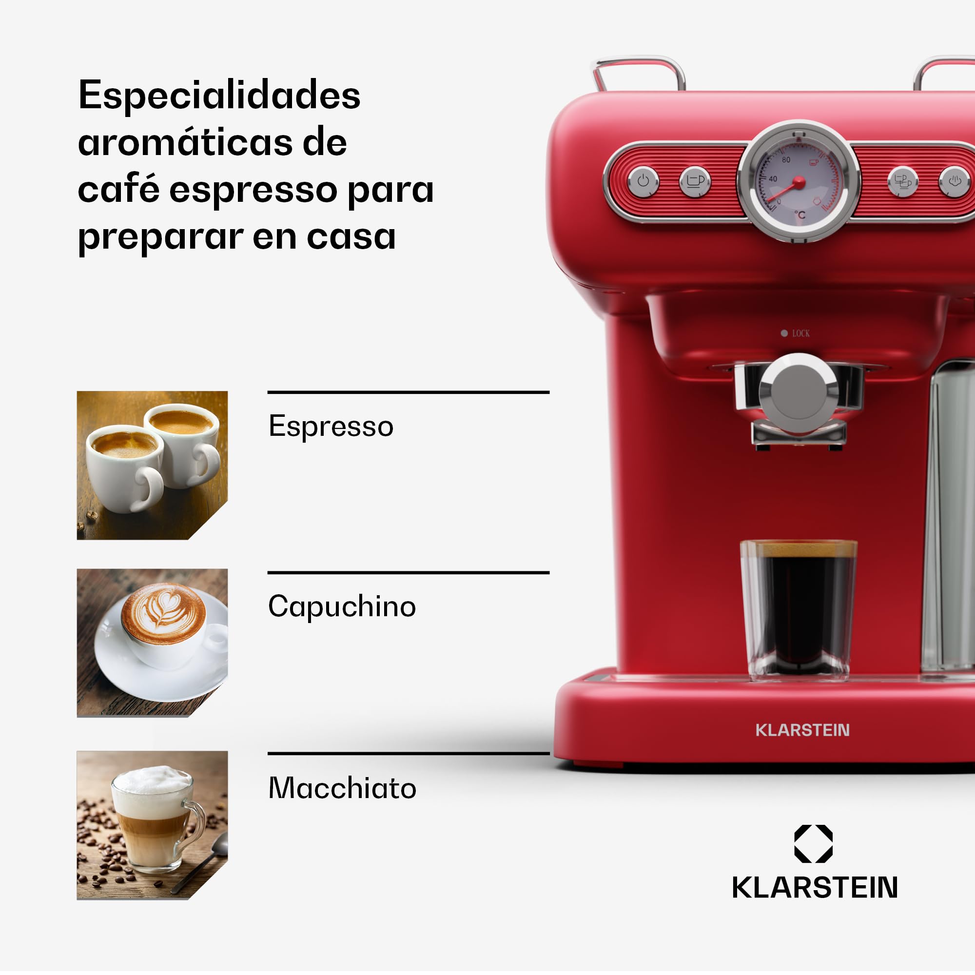 Klarstein Cafetera Espresso con Espumador de Leche, Mini Cafetera Espresso Retro de 1,2 litros con Portafiltro, Cafetera Pequeña de 950 W, Cafetera para Cappuccino, Latte & Macchiato