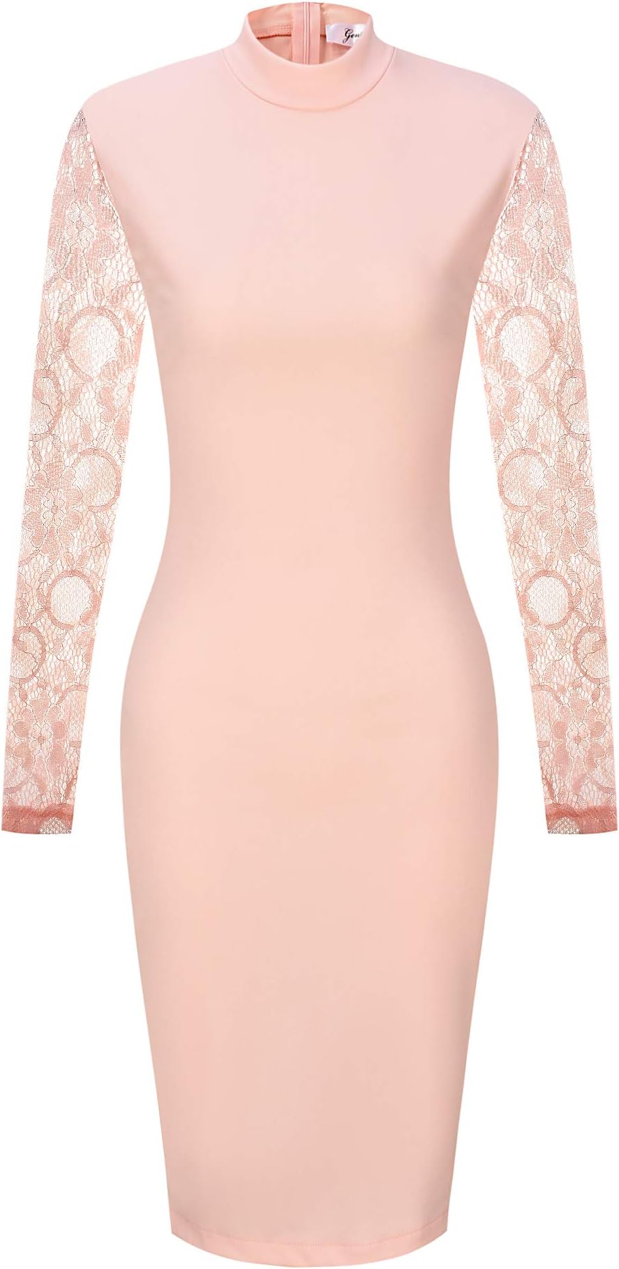 GENSHUO Womens Dresses Sexy Bodycon Long Sleeves Lace Design Crew Neck Above Knee Casual Party Cocktail Dress Pink L