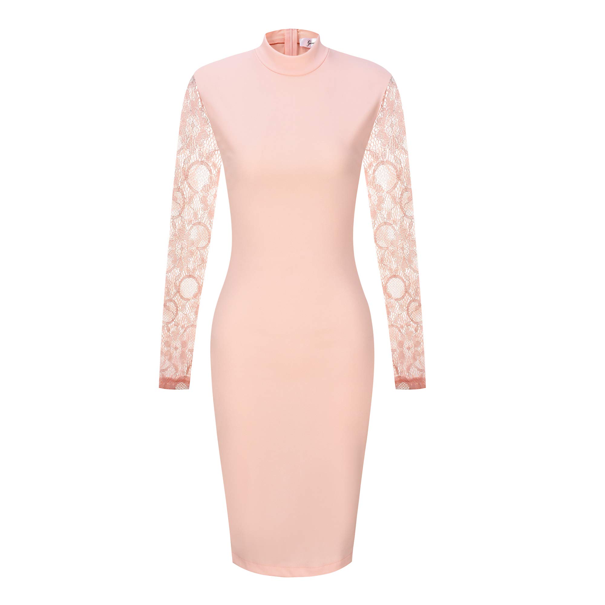 GENSHUO Womens Dresses Sexy Bodycon Long Sleeves Lace Design Crew Neck Above Knee Casual Party Cocktail Dress Pink L