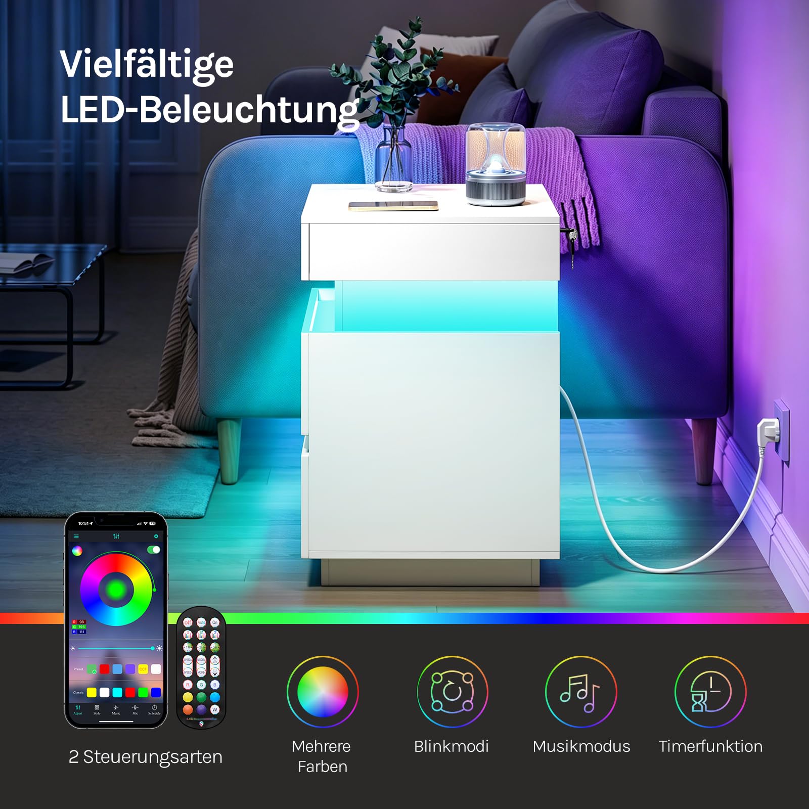 WOLTU Nachttisch mit Ladefunktion und LED-Beleuchtung, Nachtschrank, mit Geheimfach 2 Schubladen, für Schlafzimmer Wohnzimmer, 45x58x40 cm, Weiß