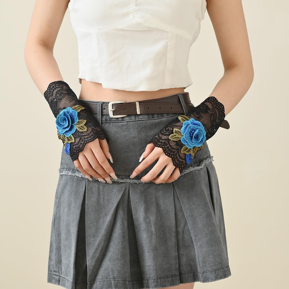 Specell Embroidered Rose Flowers Lace Fingerless Gloves for Bridal Wedding Cocktail Tea Party Evening Prom Costumes Cosplay - Image 3