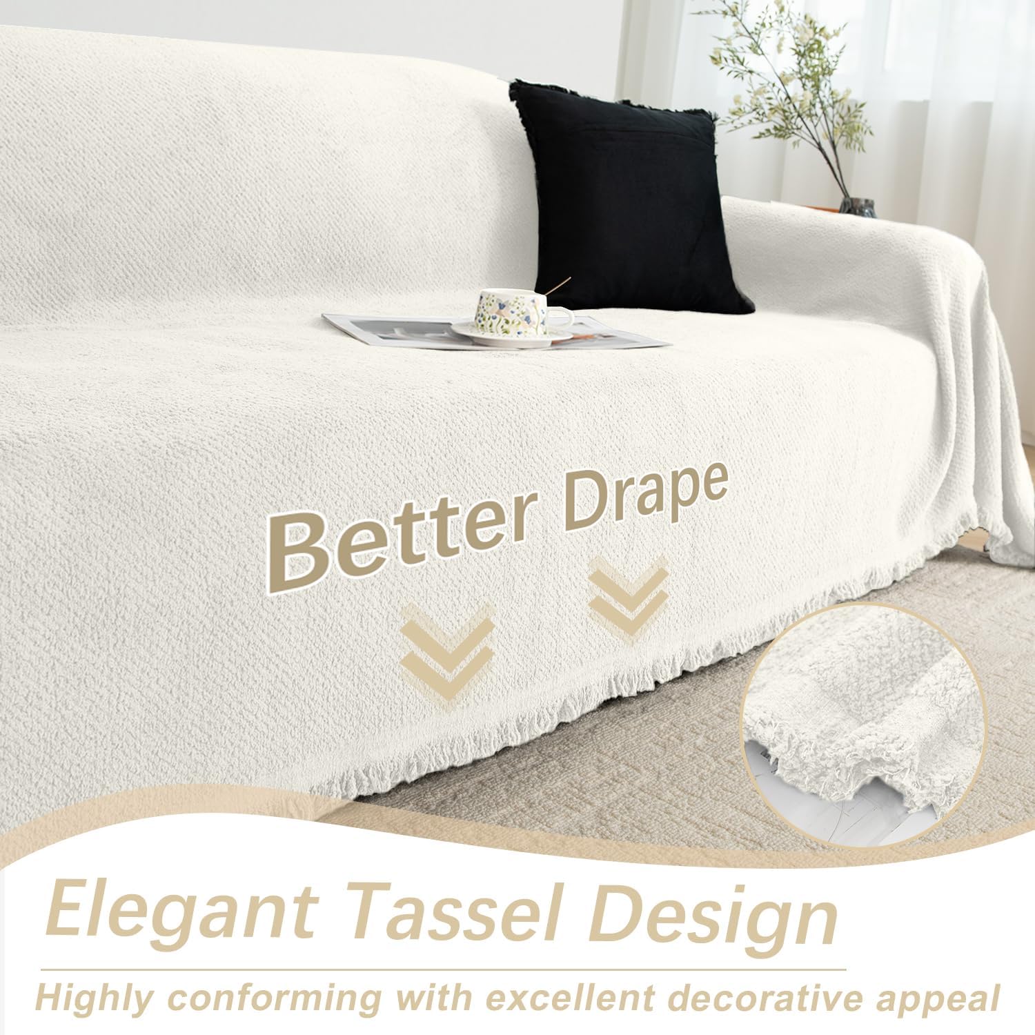Arfntevss Corner Sectional Couch Covers L Shape Plush Sofa Cover with Tassel Thick Soft Couch Cover for Sectional Sofa U Shaped Slipcovers Washable Dog Furniture Protector (91" x 252", Light Ivory)