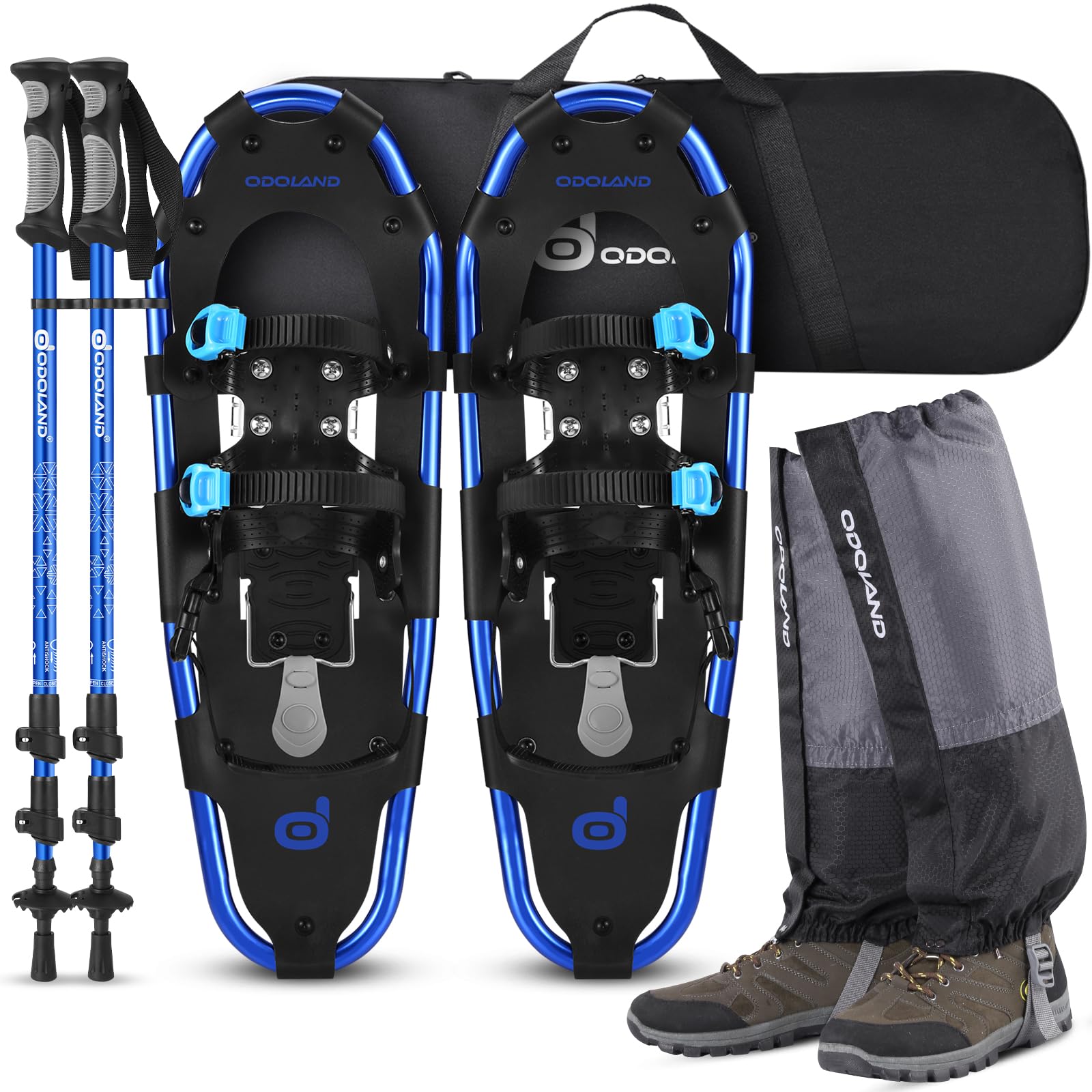 Odoland 21Inch Snowshoes with Trekking Poles for Men Women Youth, Waterproof Snow Leg Gaiters and Carrying Bag, Lightweight Aluminum, Heel Lift, Snow Shoes Easy to Wear