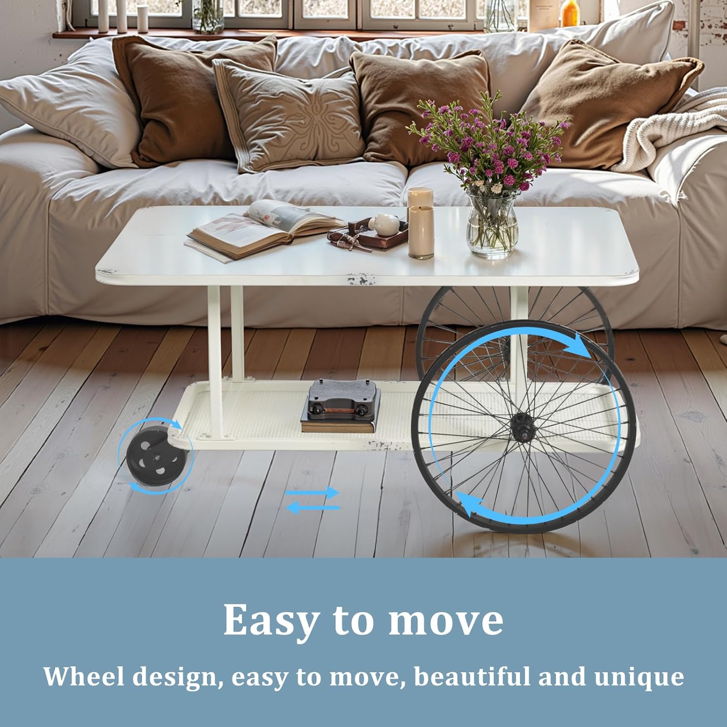 Topower Farmhouse Double Layer Iron Cart Center Table, Industrial Style Coffee Table with Wheels for Living Room, Bedroom, Coffee Shop, Antique White