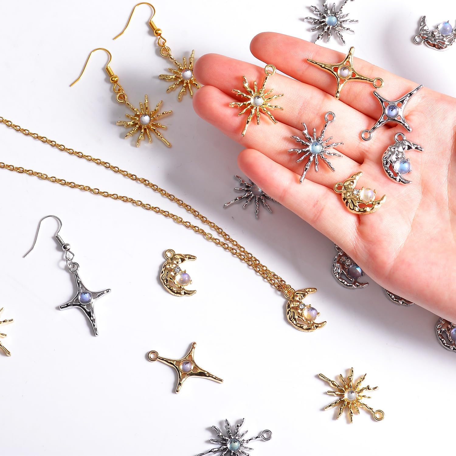 stino 56/60 Pieces Jewelry Celestial Charms Set, Silver & Gold Plated Moon Star Sun Pendants, DIY Jewelry Making Accessories - Image 4